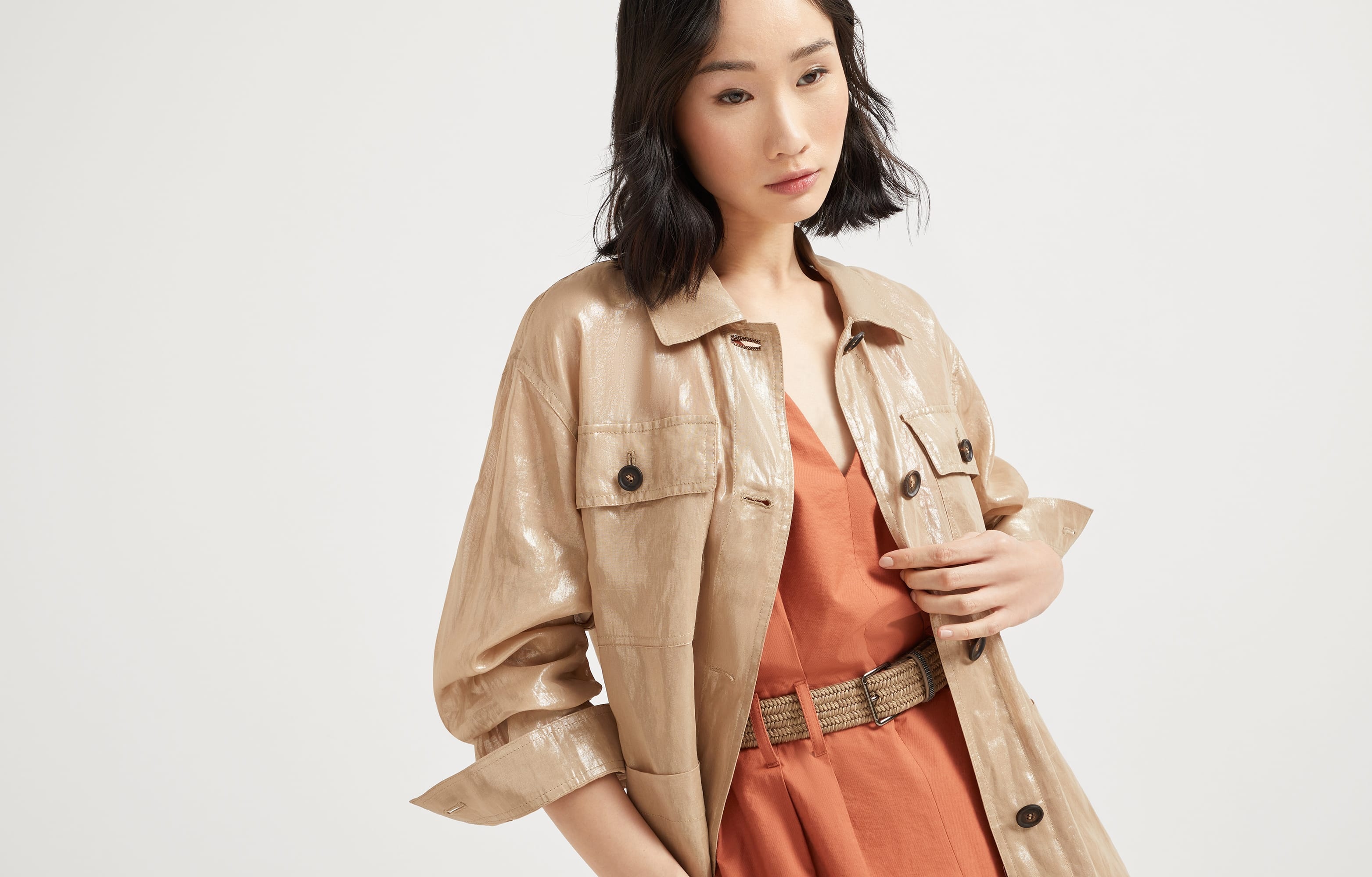 Lamé cotton gauze outerwear jacket with monili - 6