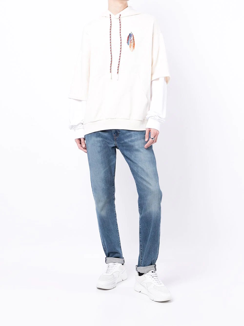 feather embroidery layered-sleeve hoodie - 2