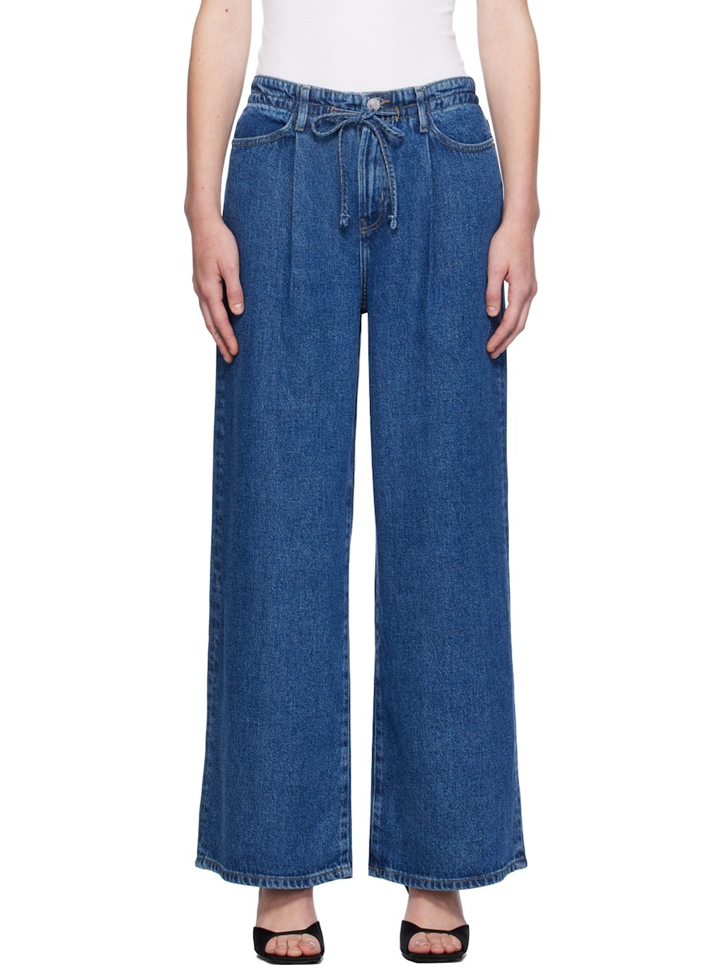 Blue Drawstring Wide Leg Jeans - 1