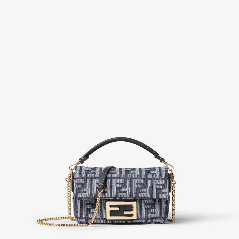 Baguette® Mini Dark blue denim-effect FF jacquard bag 1