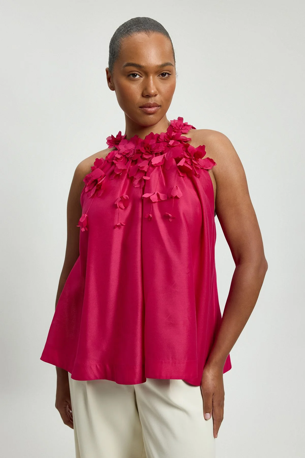 Plus Size Floral Applique Woven Halter Woven Blouse - 1