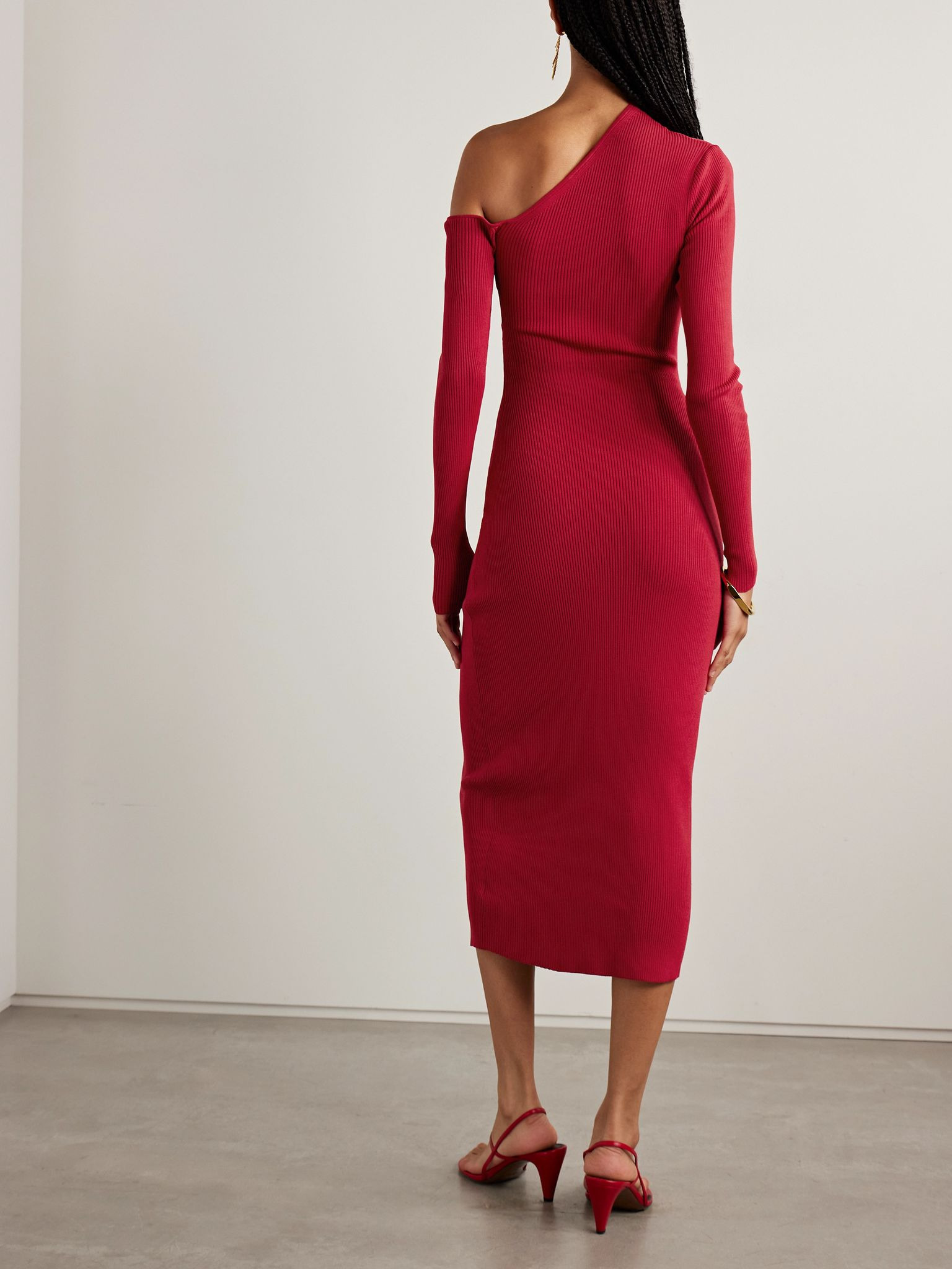 Lois off-the-shoulder ribbed-knit midi dress Red - 3