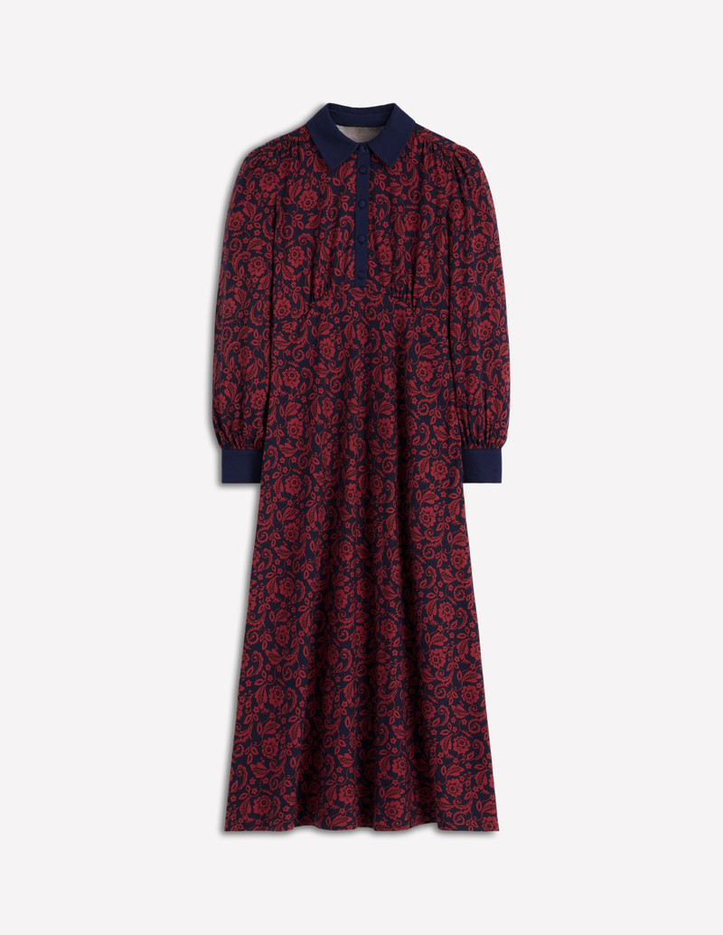 Empire Waistline Shirt Dress-Red, Ornate Flora 1