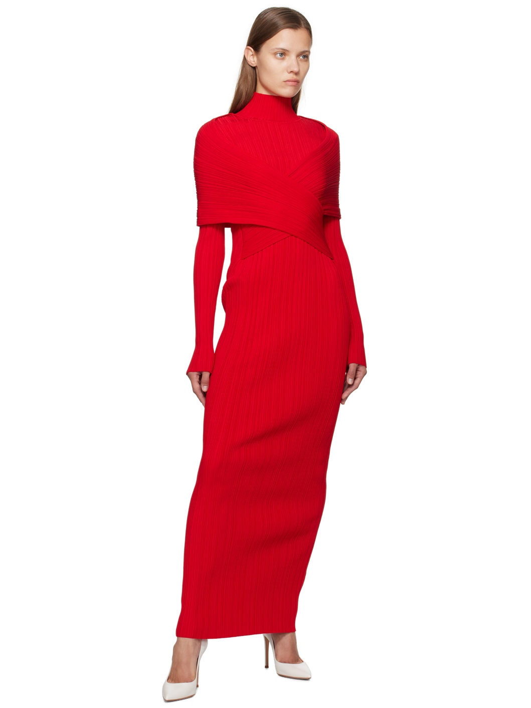 Red Pleated Knit Maxi Dress - 4