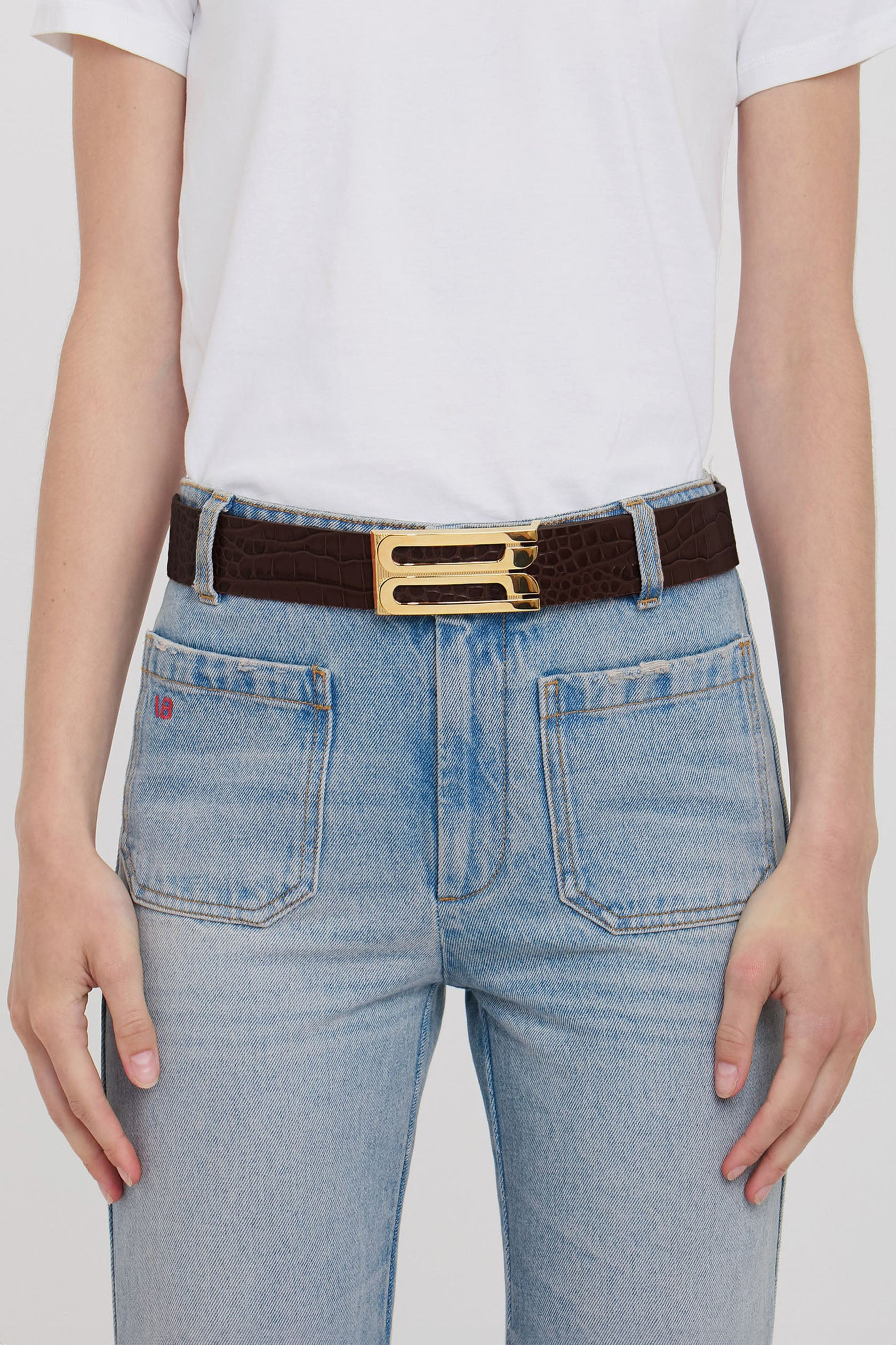 Jumbo Frame Belt In Chocolate Croc-Effect Leather - 2
