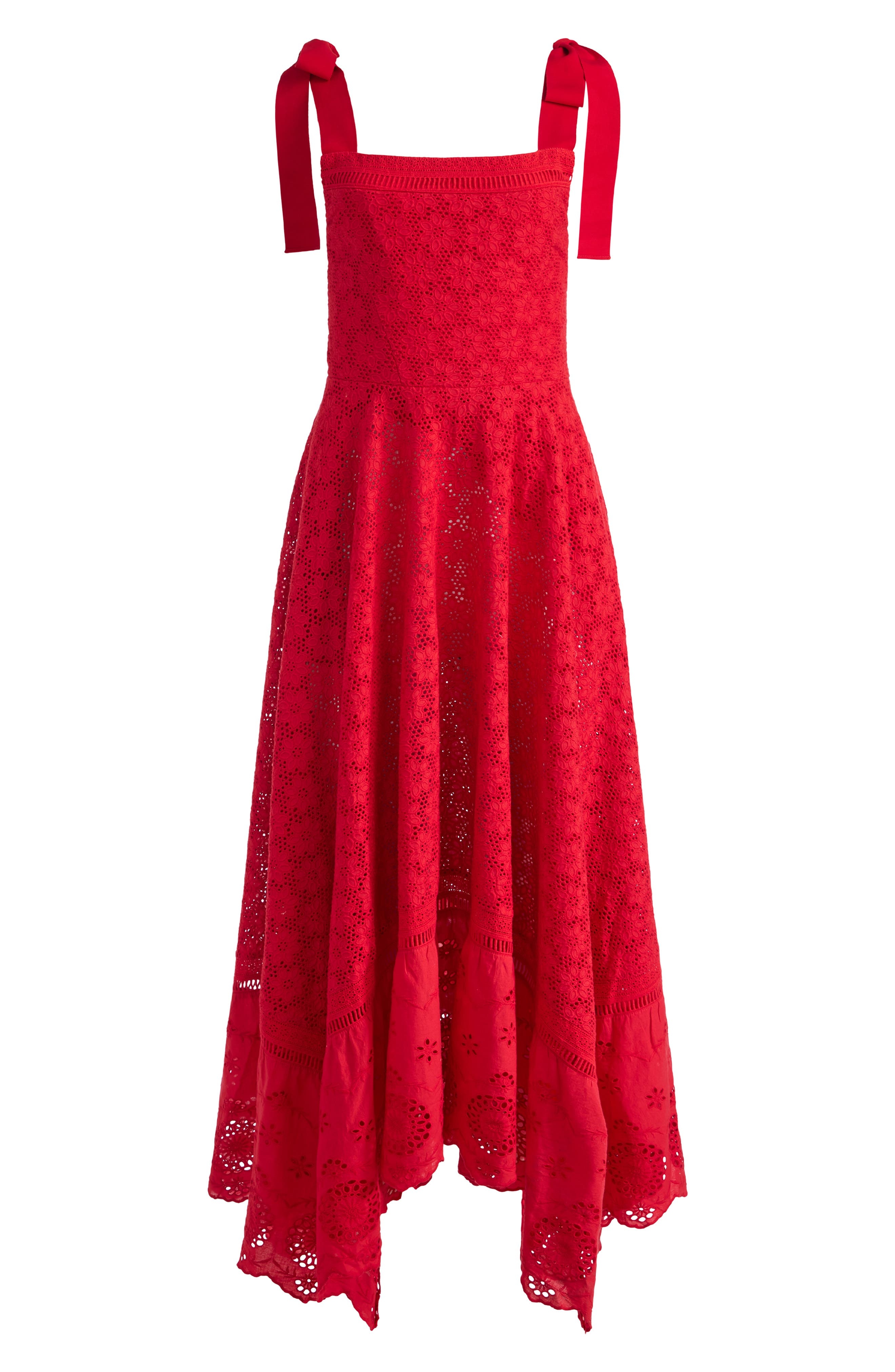 Alice + Olivia Rosalee Tie Strap Eyelet Cotton Sundress in Bright Ruby at Nordstrom - 5