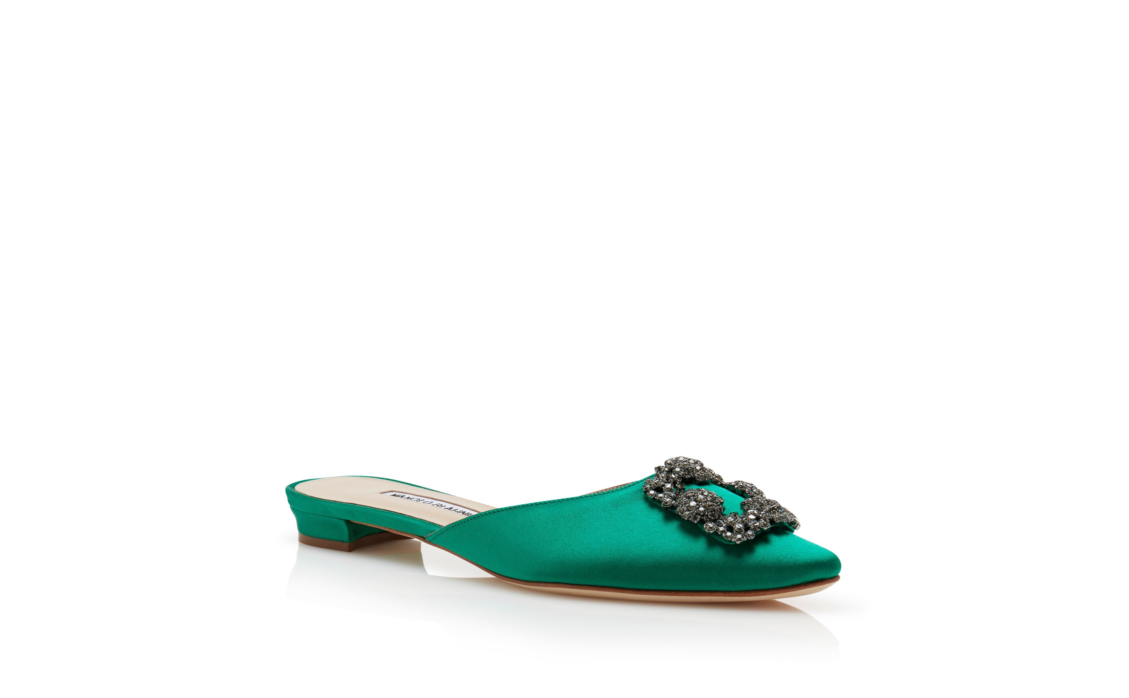 Green Satin Jewel Buckle Flat Mules - 3