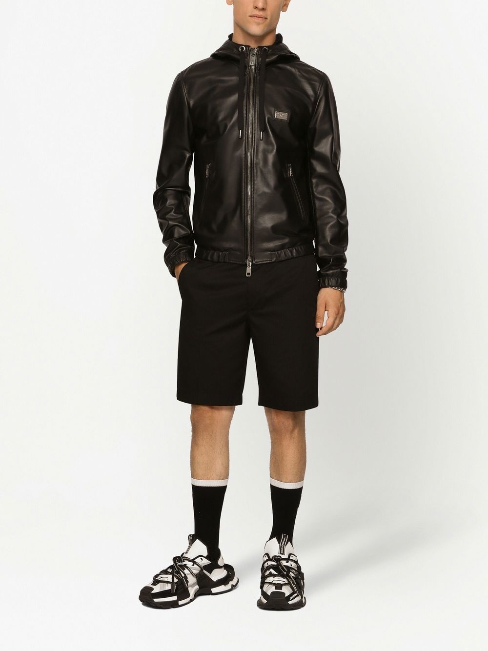 logo-tag hooded leather jacket - 3