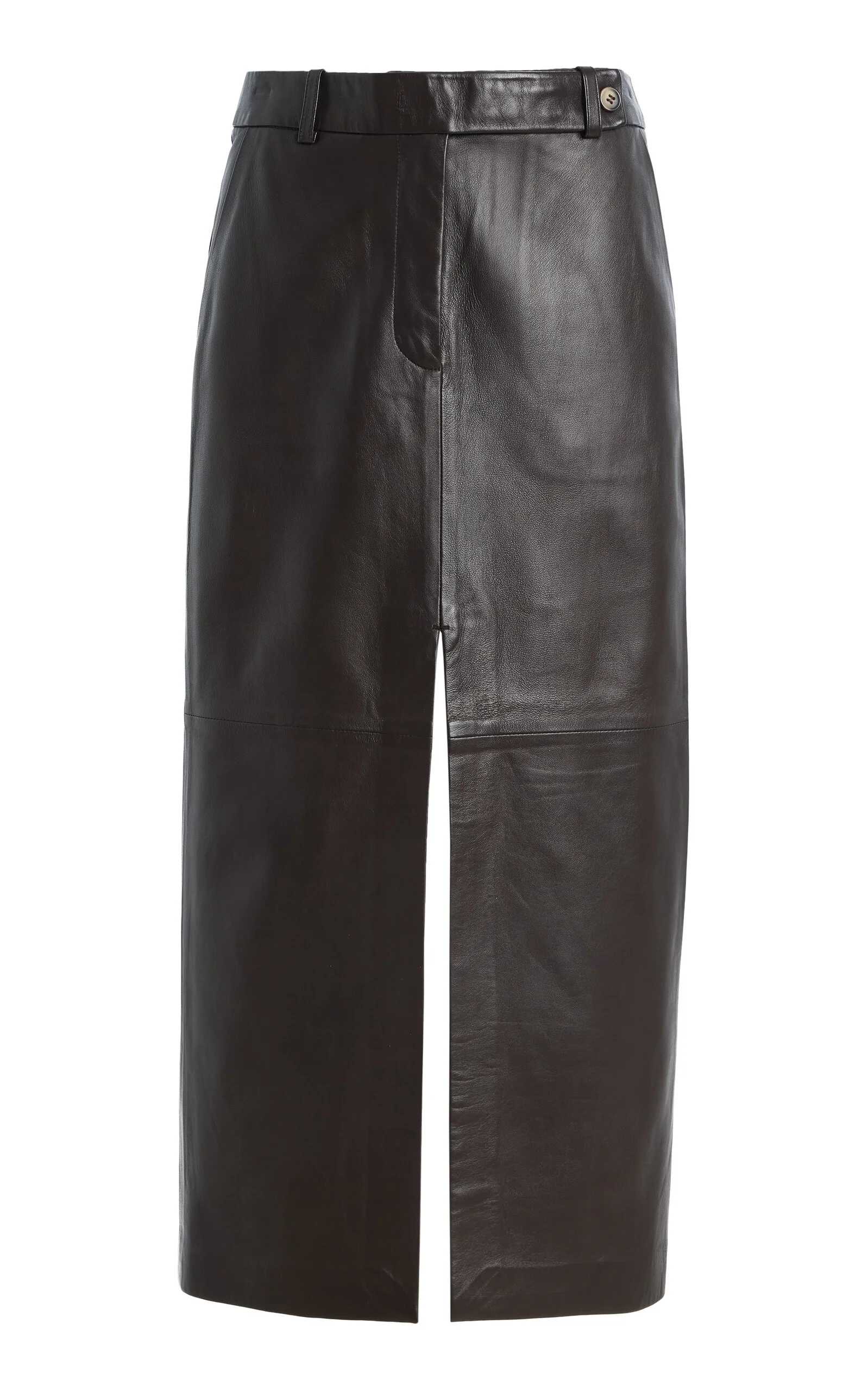 Tailored Front-Slit Leather Midi Skirt - 1