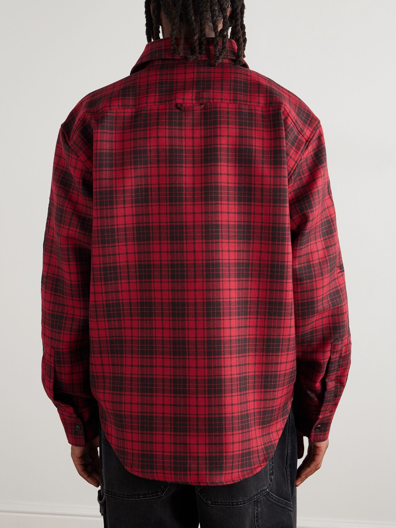 Logo-Embroidered Checked Wool Shirt Red - 3