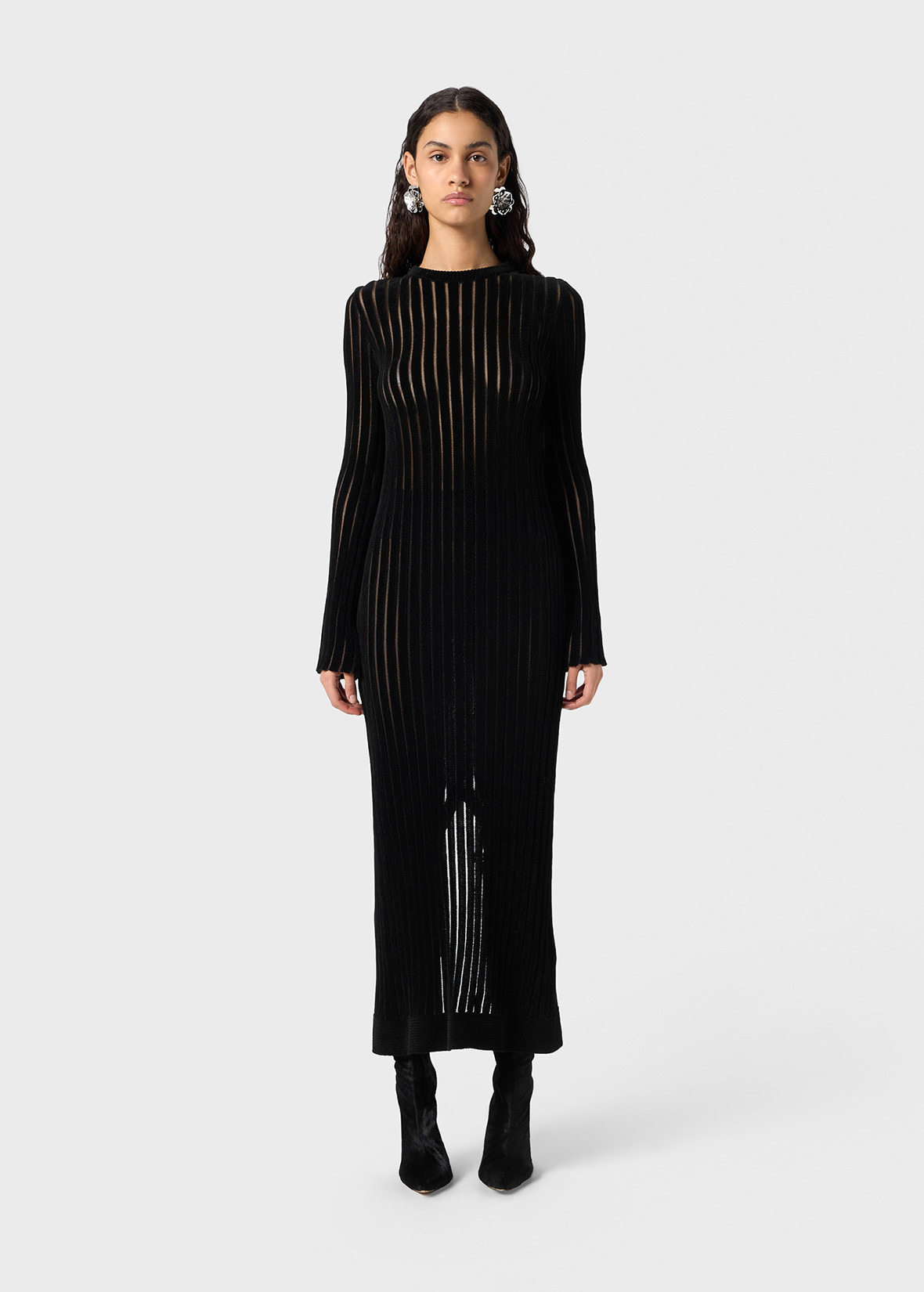 SEE-THROUGH STRIPED KNIT MIDI DRESS - 3