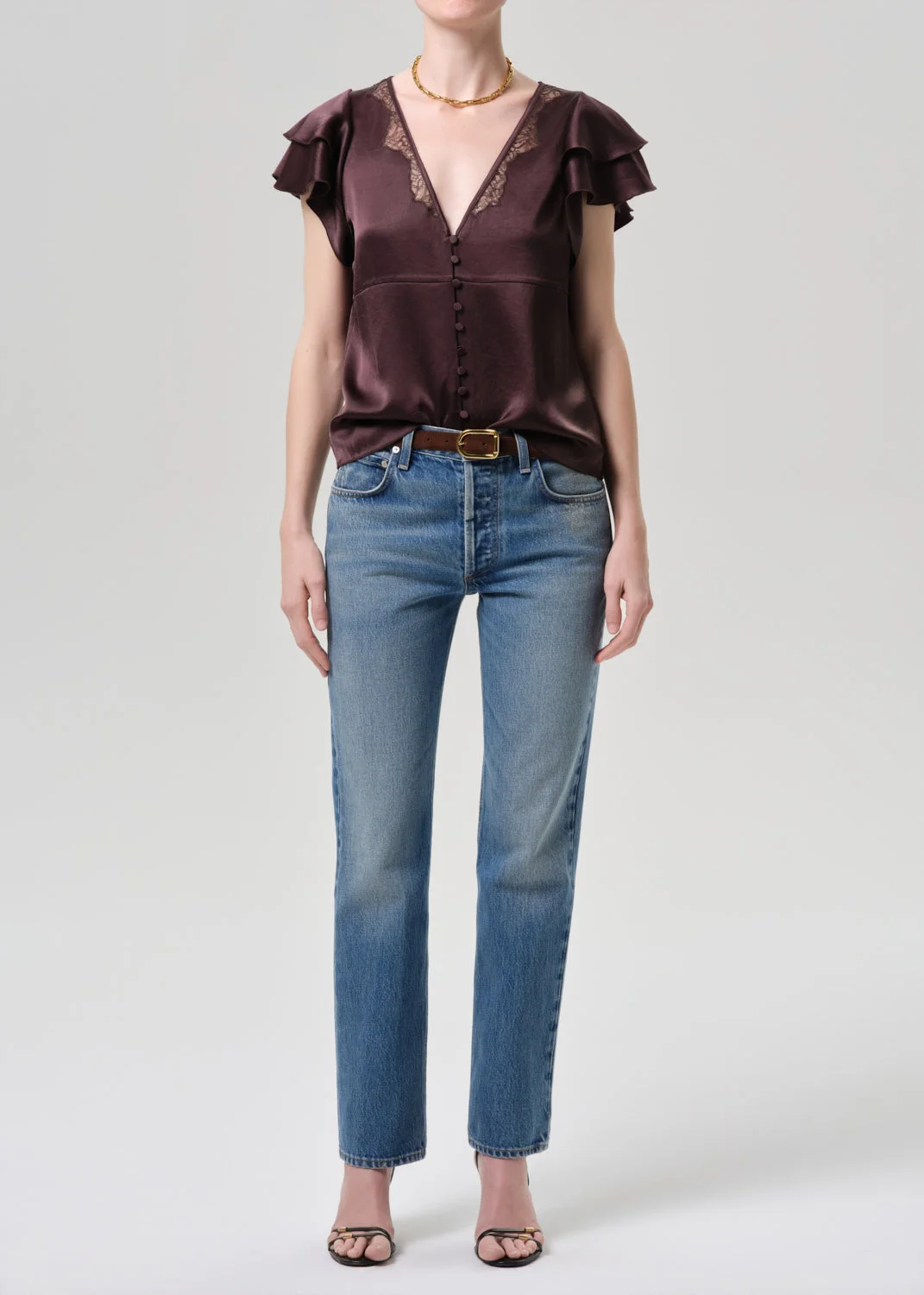 Lola Flutter Lace Sleeve Top In Espresso - 1