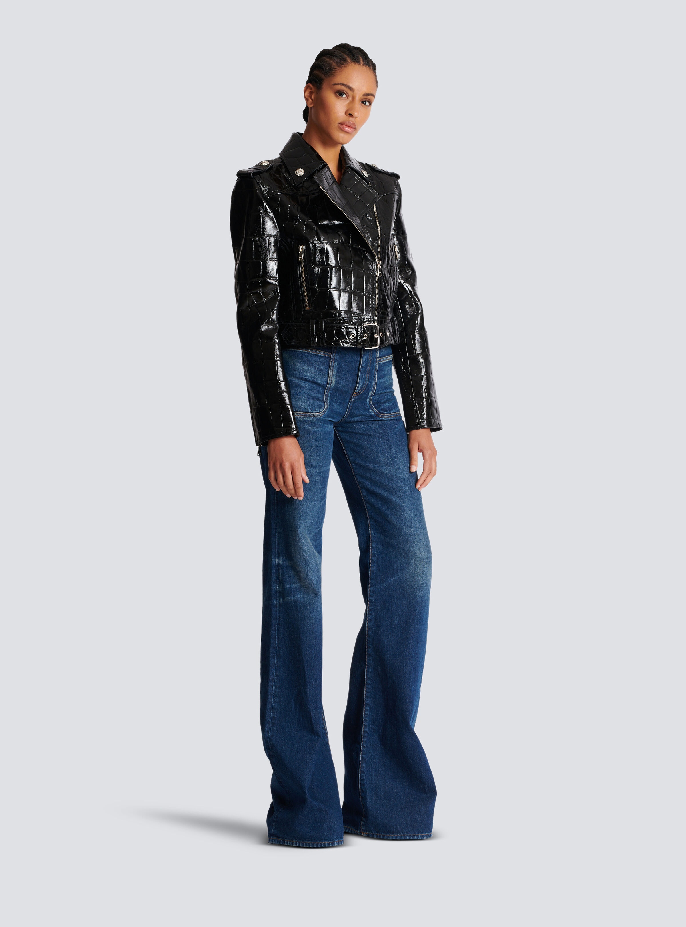 Crocodile-effect leather biker jacket - 3