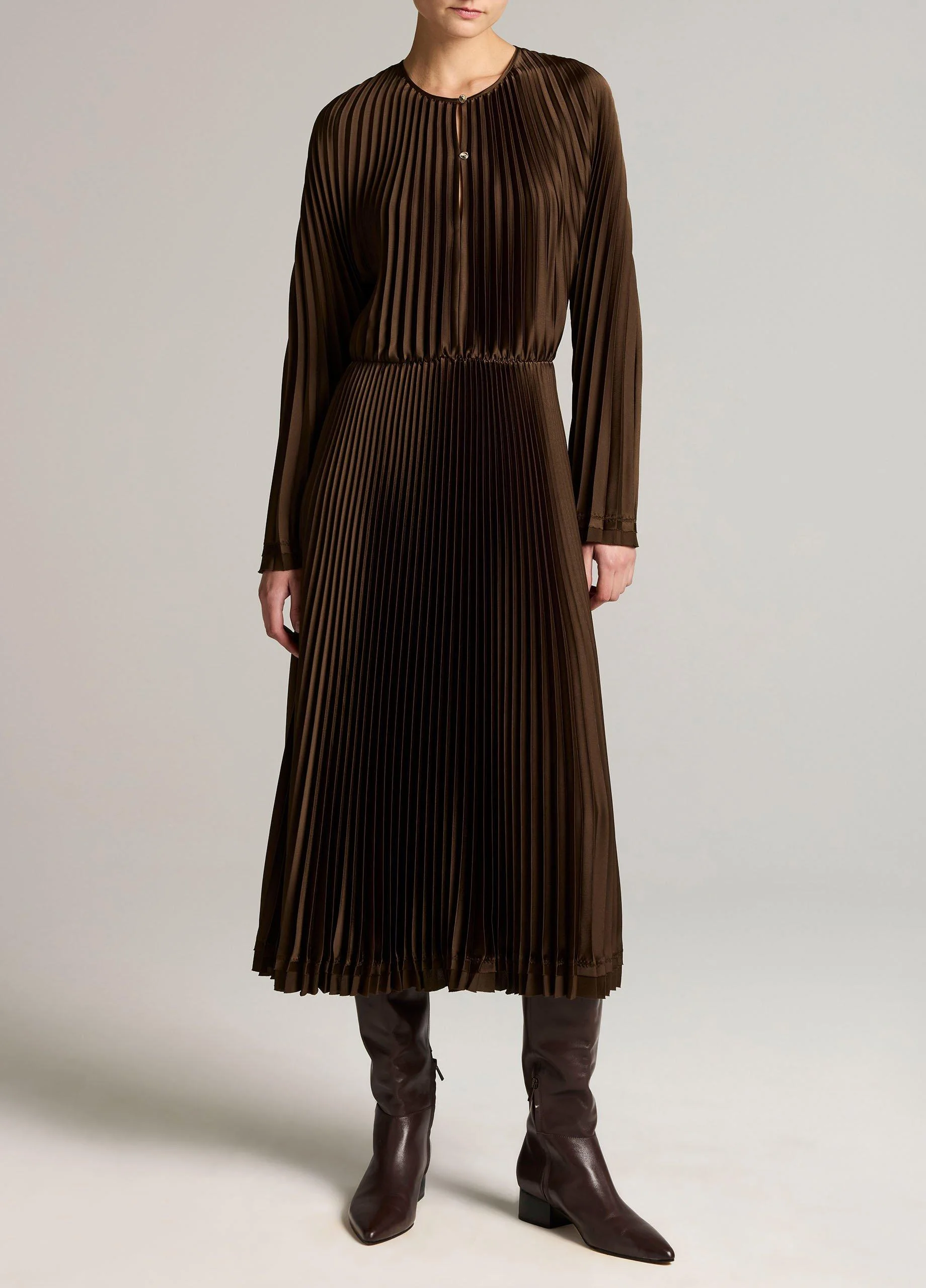 Contrast-Trim Pleated Satin Dress - 1