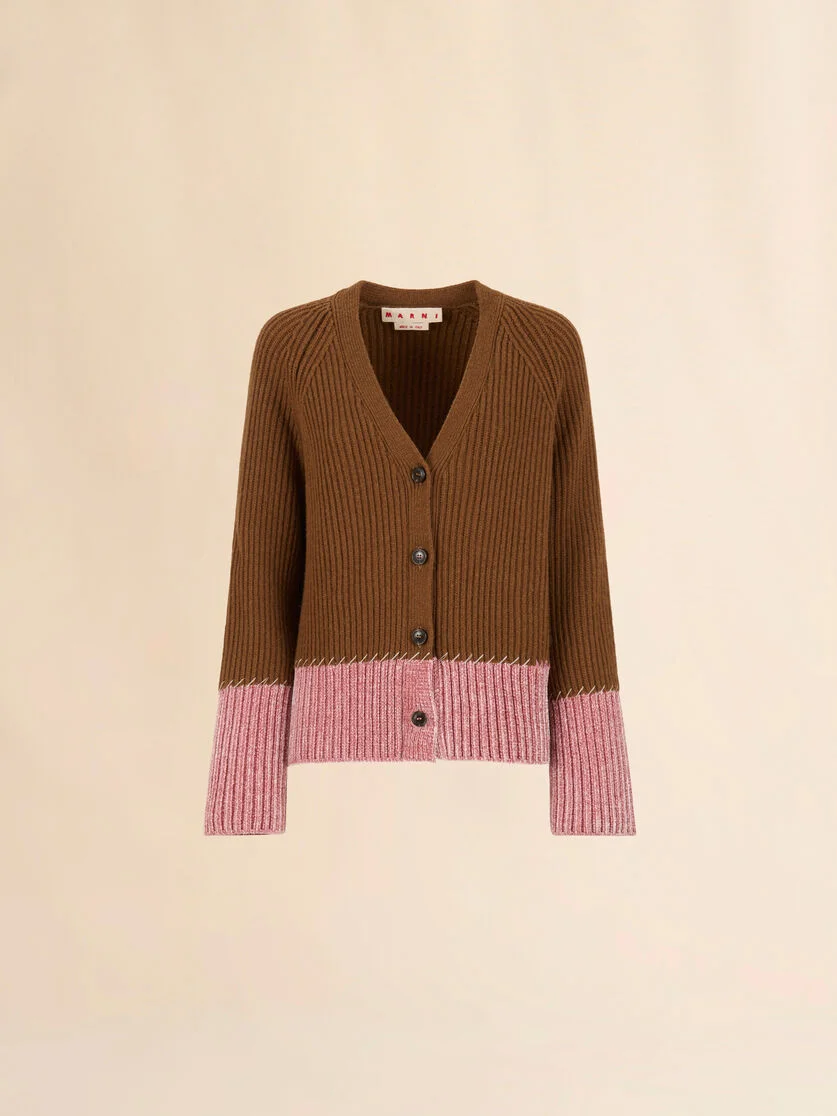 BROWN WOOL COLOR-BLOCK CARDIGAN - 1