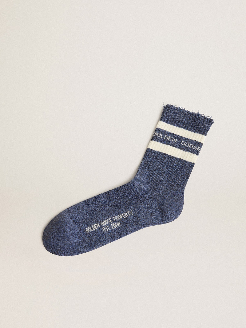 Blue socks with contrasting white stripes and white logo 1