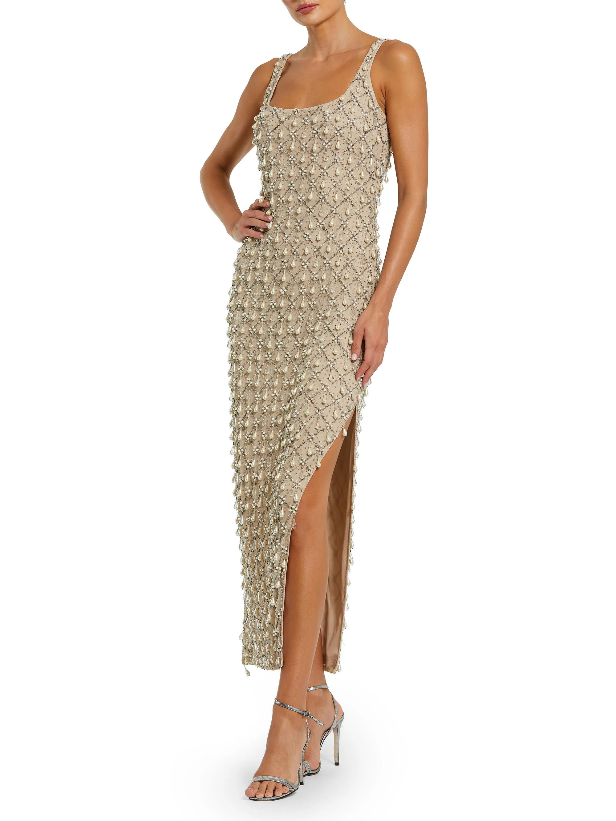Women's Embellished Scoopneck Cocktail Dress - Beige Silver - 1