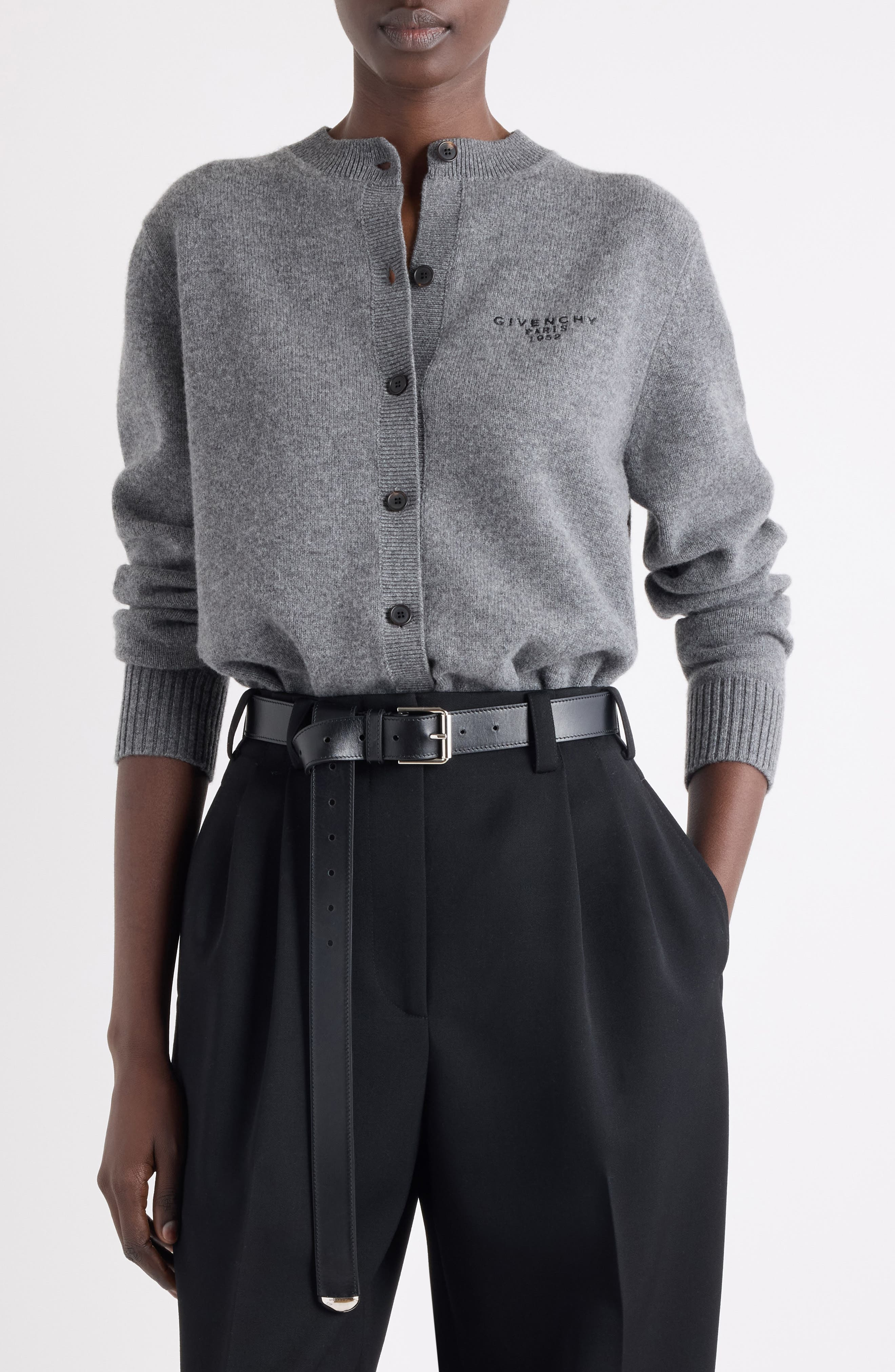 Givenchy Logo Embroidered Wool & Cashmere Cardigan in Slate Blend at Nordstrom - 1