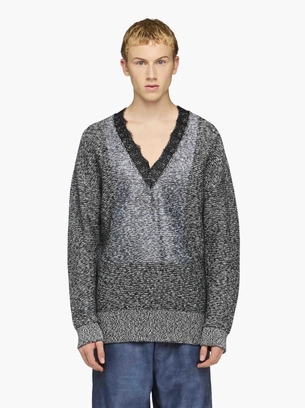 V-NECK LACE TRIM SWEATER - 2