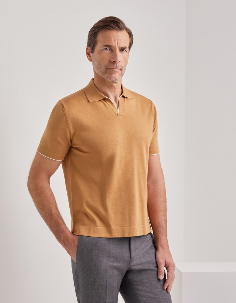 CARAMEL COTTON AND SILK POLO SHIRT WITH CONTRASTING PIPING 3