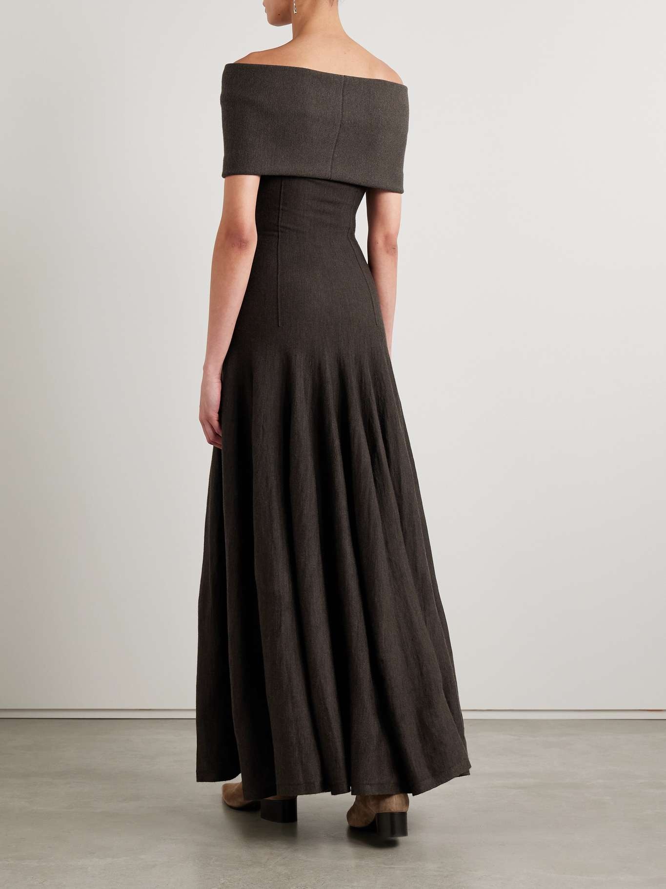 Ava off-the-shoulder pleated wool-blend maxi dress Dark brown - 3