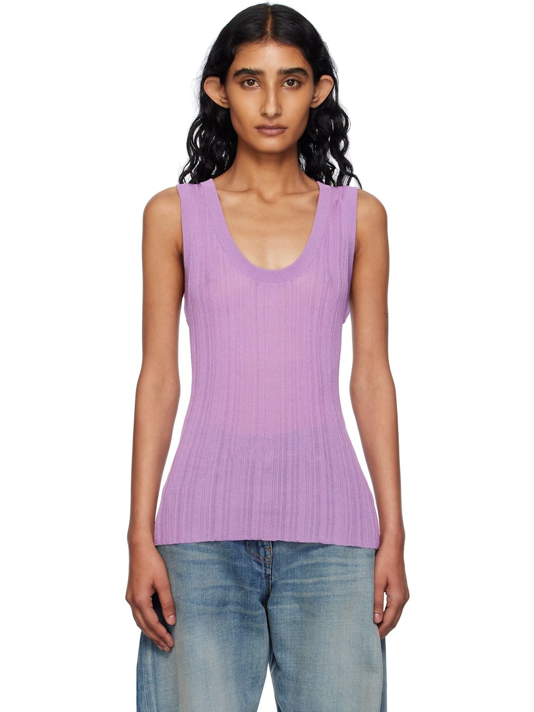 Purple Ribbed Knit Tank Top - 1