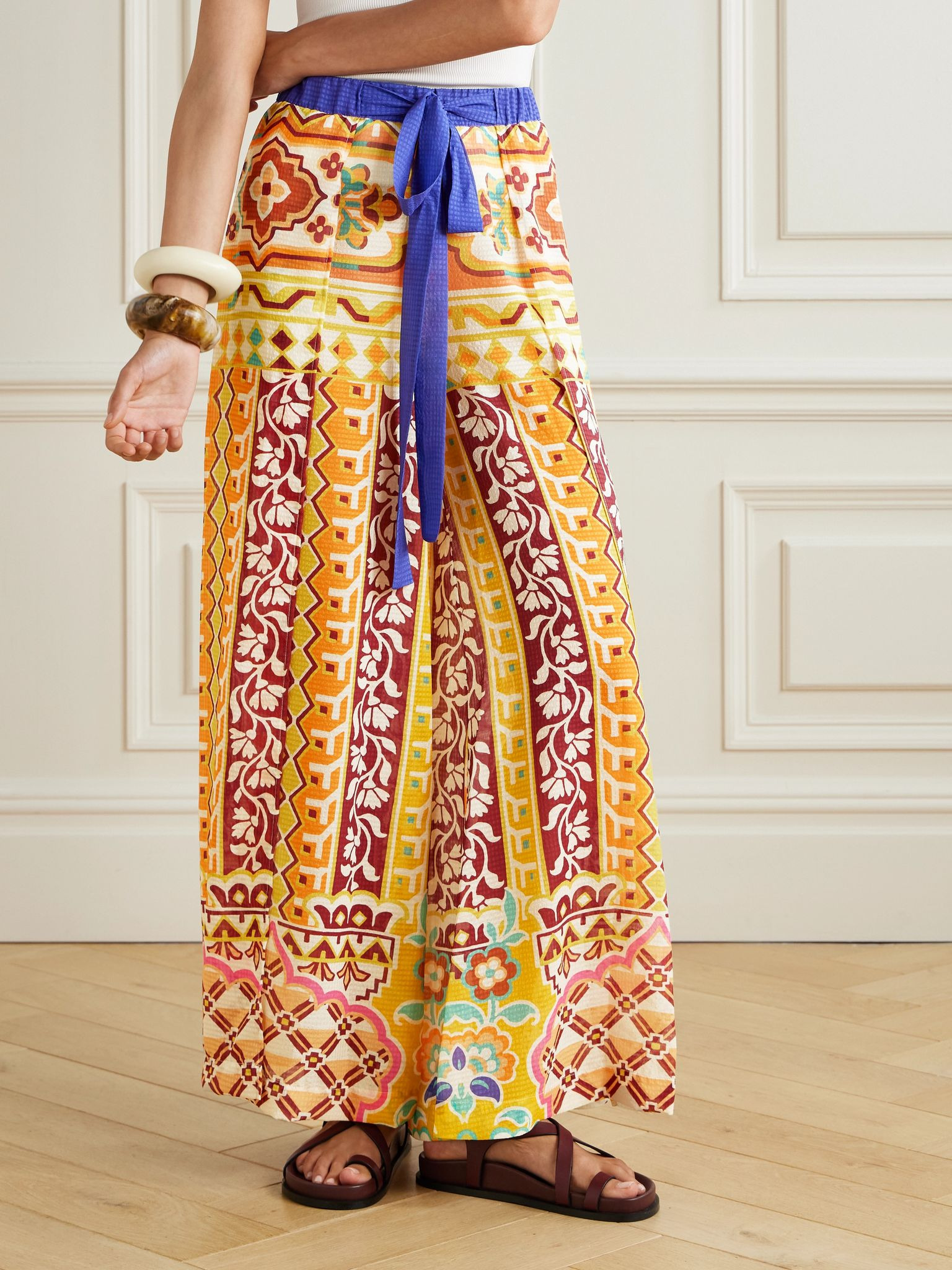 Belted printed satin-jacquard wide-leg pants Multi - 3