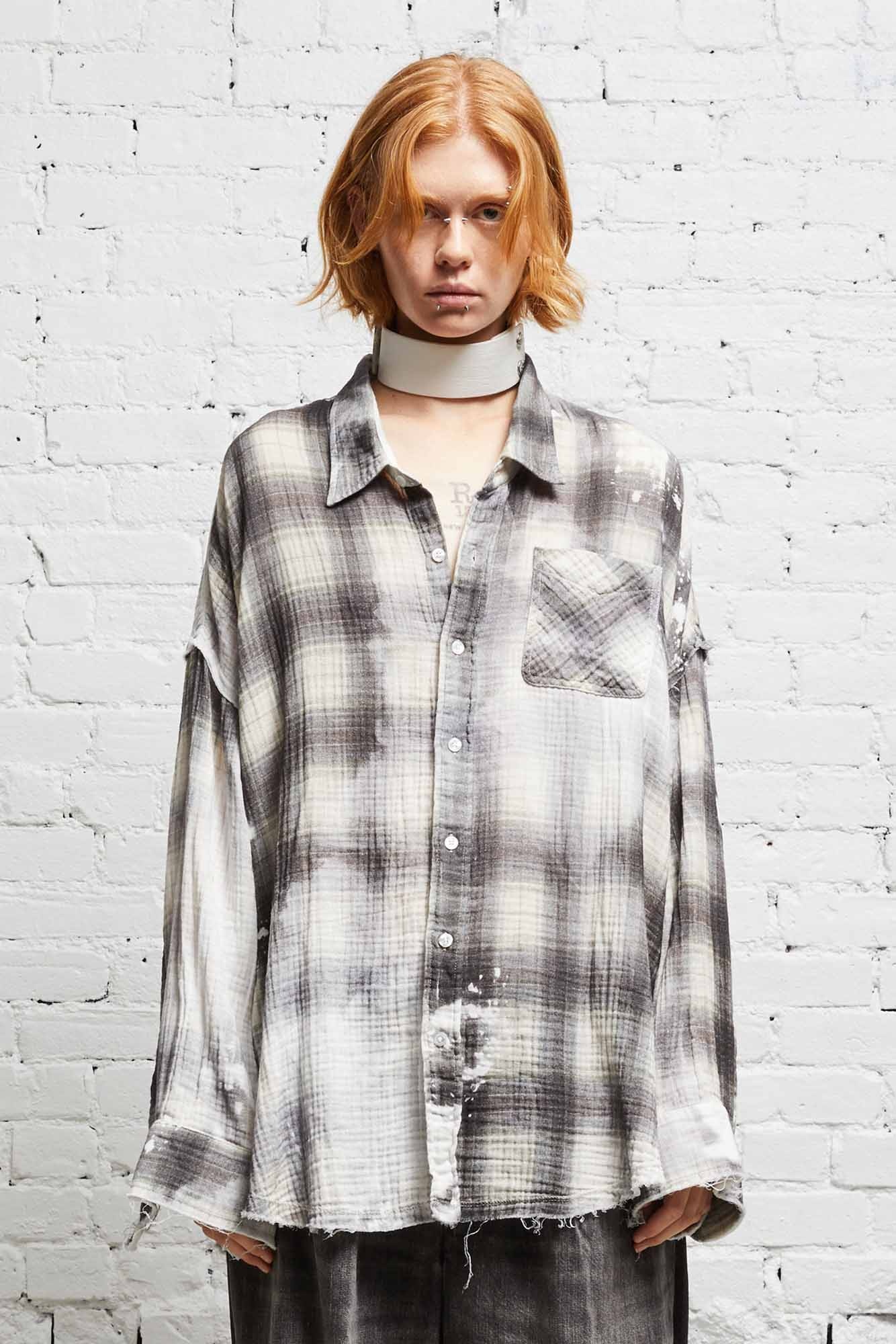 SHREDDED SEAM DROP NECK SHIRT - BLEACHED GREY PLAID - 2