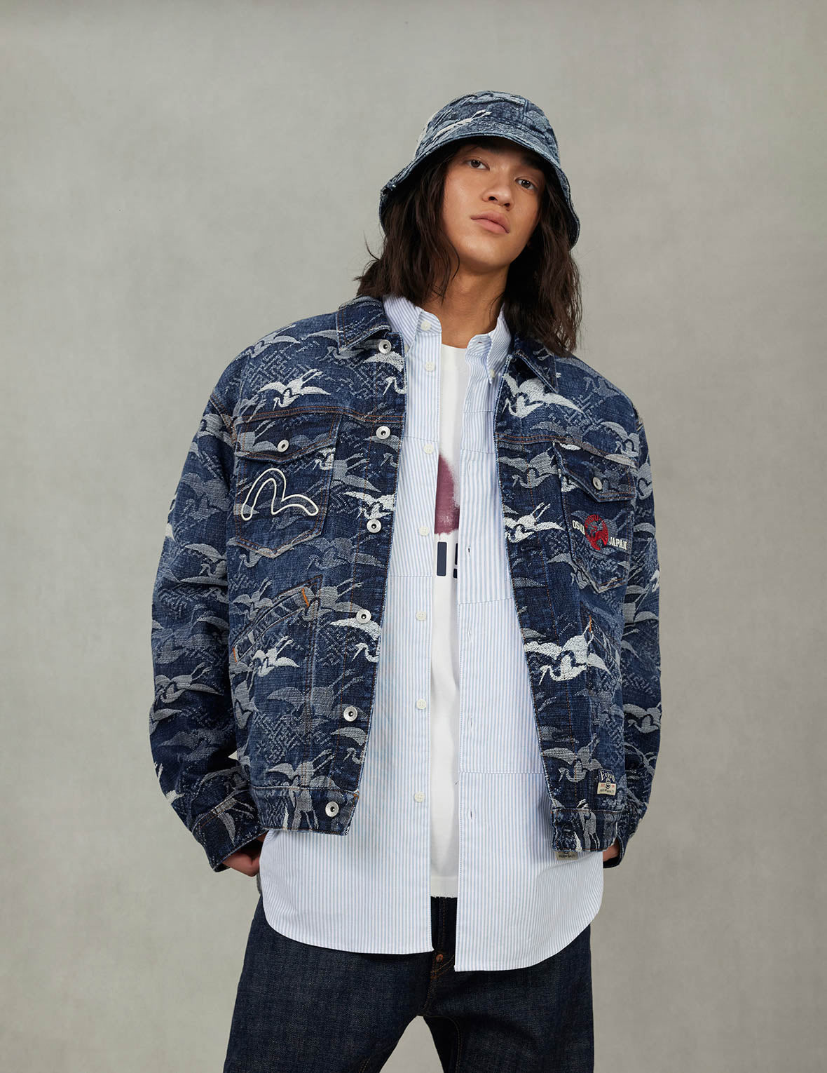 Allover Seagull Cranes Jacquard Loose Fit Denim Jacket - 7