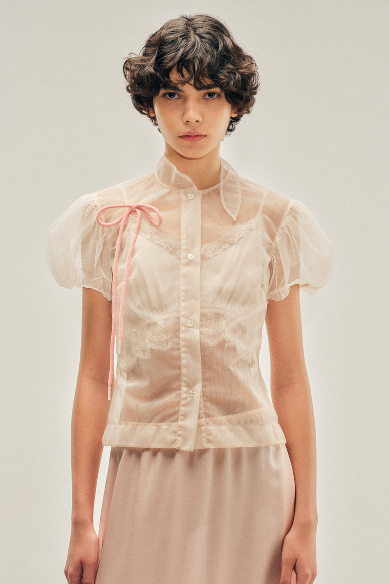 Sheer Offset Fragment Collar Puff Sleeve Shirt 1