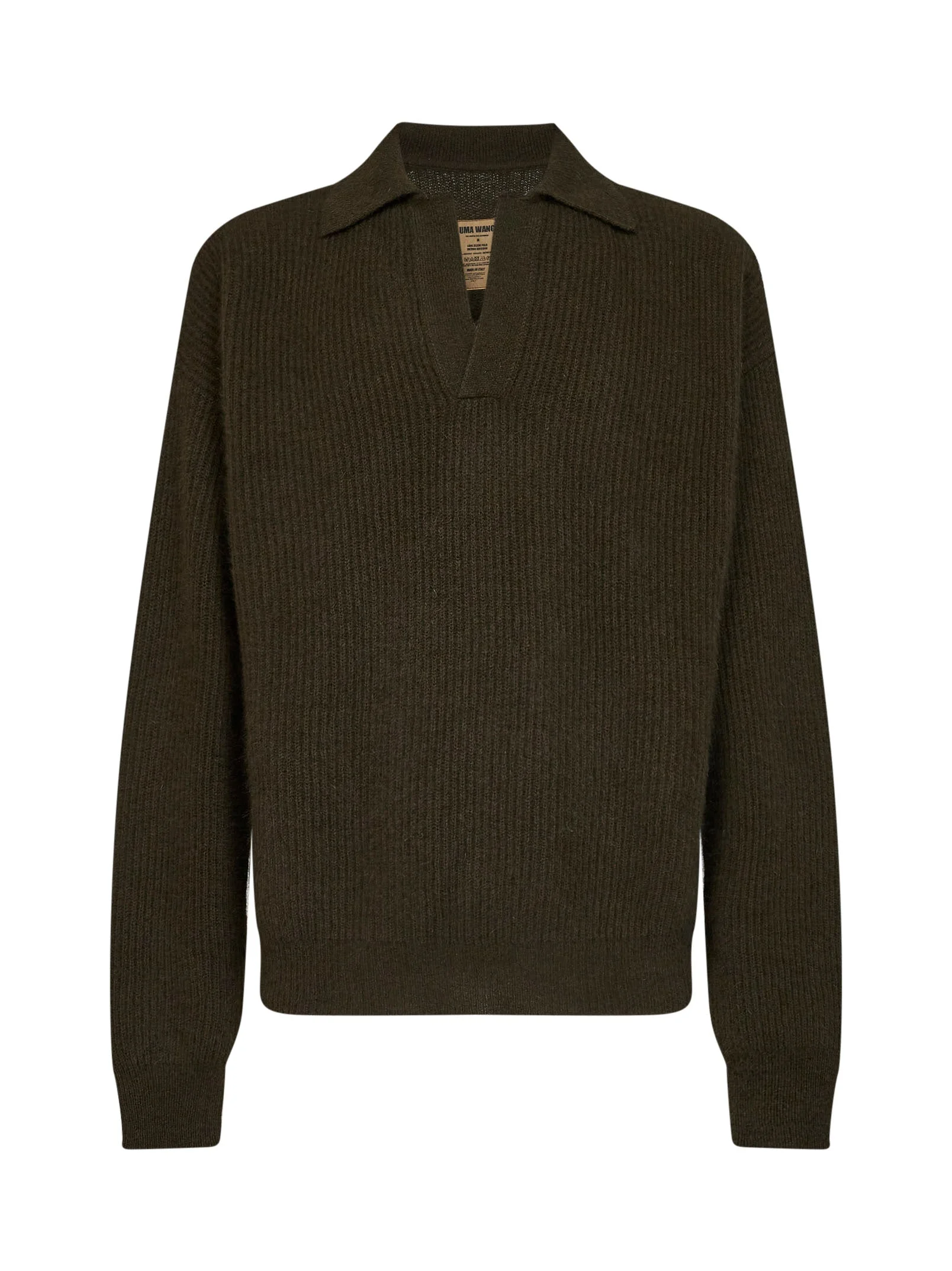 Army green ribbed cashmere knit long-sleeved polo shirt - 1