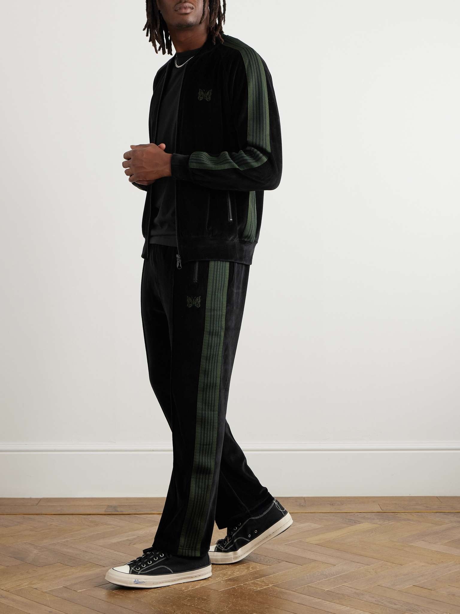 Straight-Leg Webbing-Trimmed Logo-Embroidered Cotton-Blend Velour Track Pants - 2