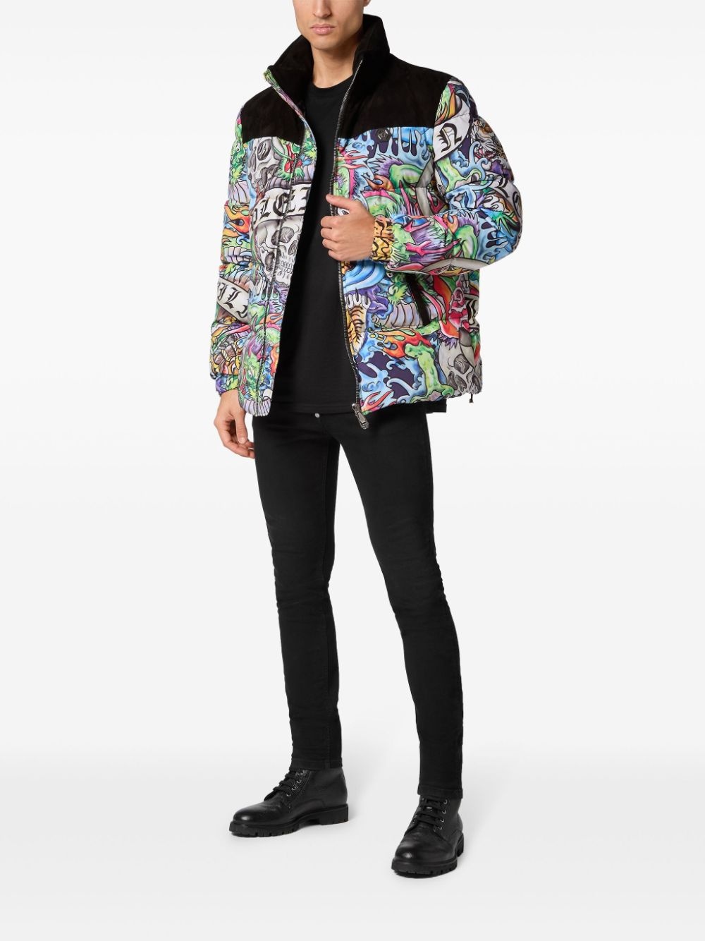 tattoo-print puffer jacket - 2