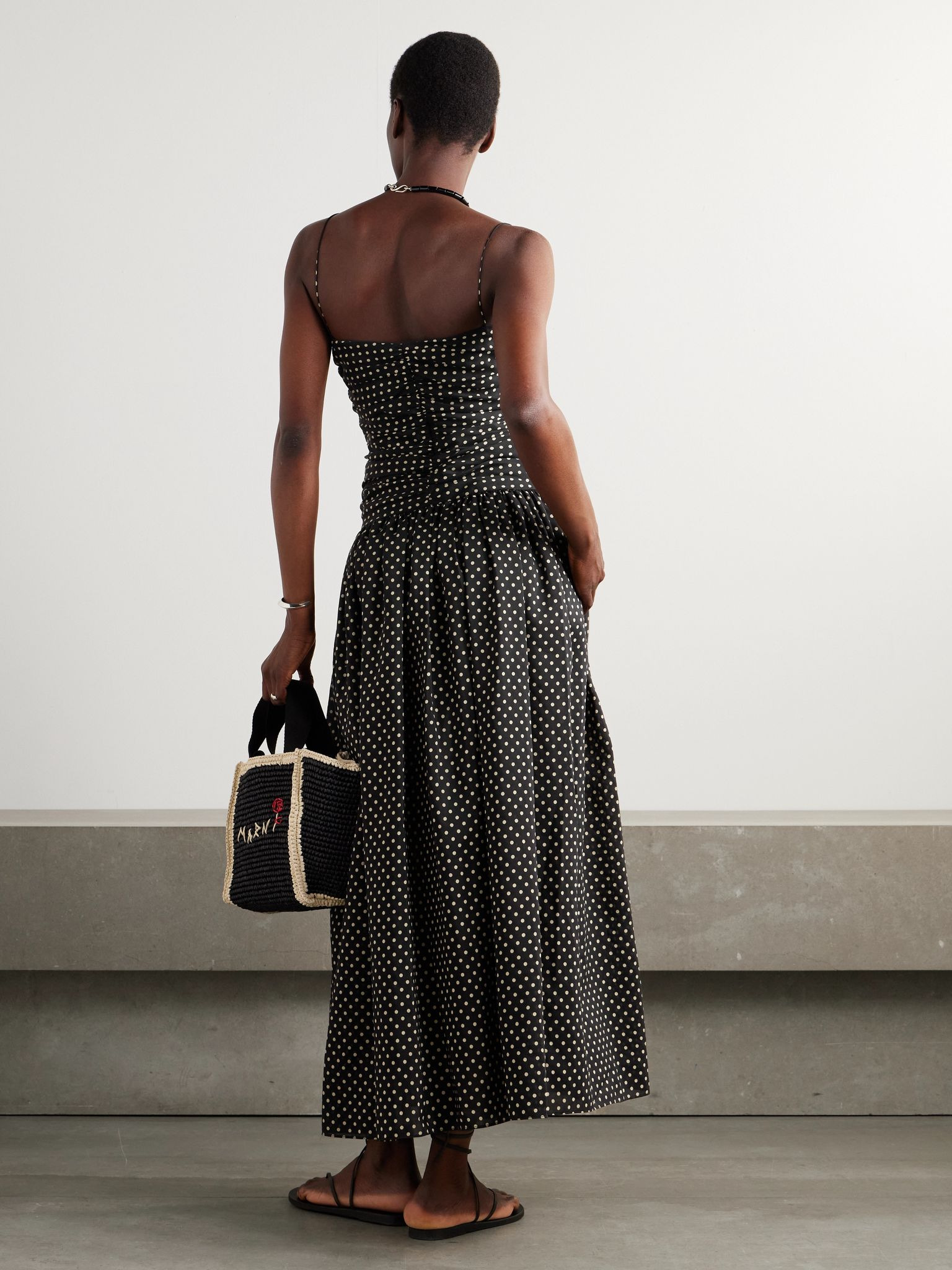 Gathered polka-dot organic cotton and silk-blend midi dress Black - 3