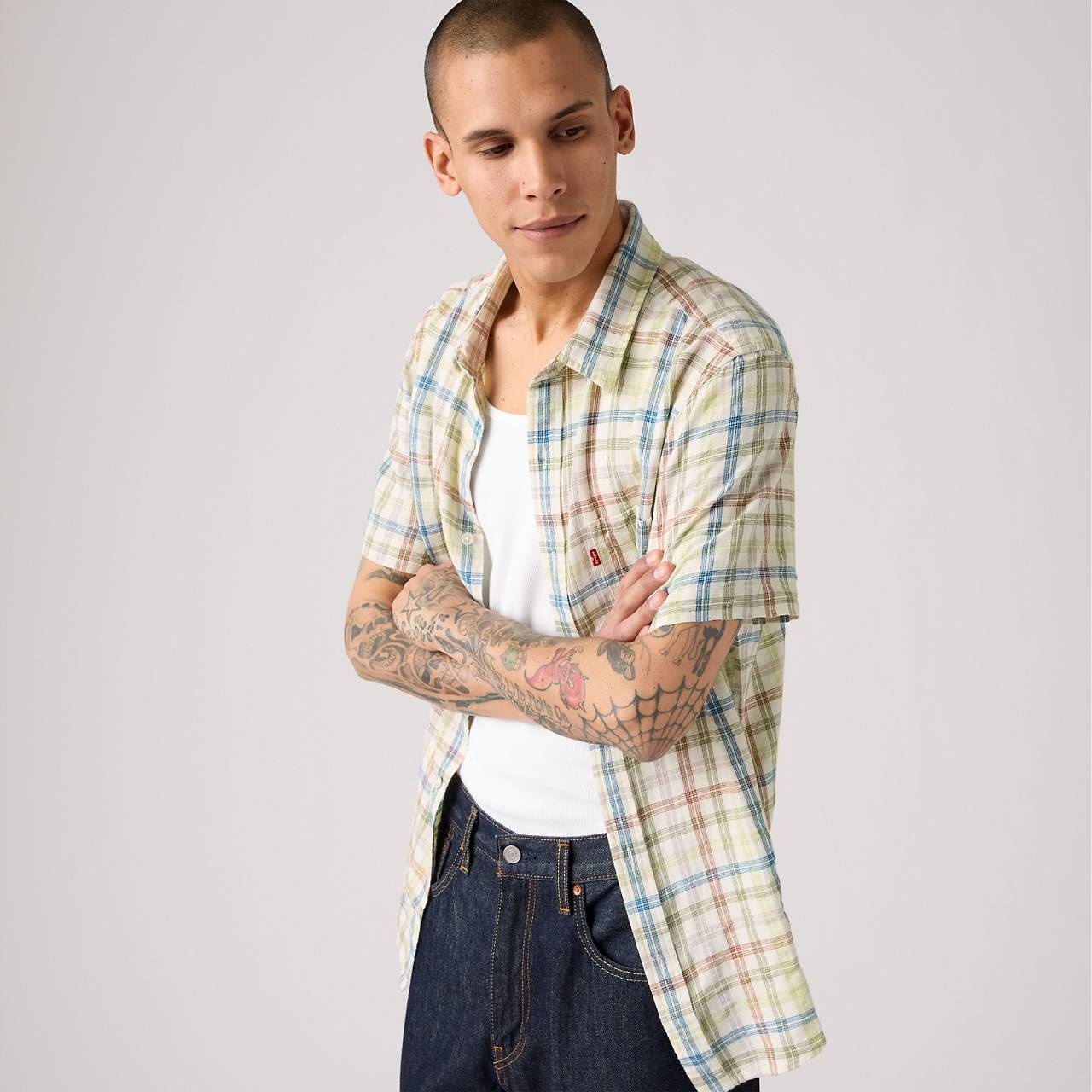 SHORT SLEEVE SUNSET COTTON LINEN ONE POCKET SHIRT - 2