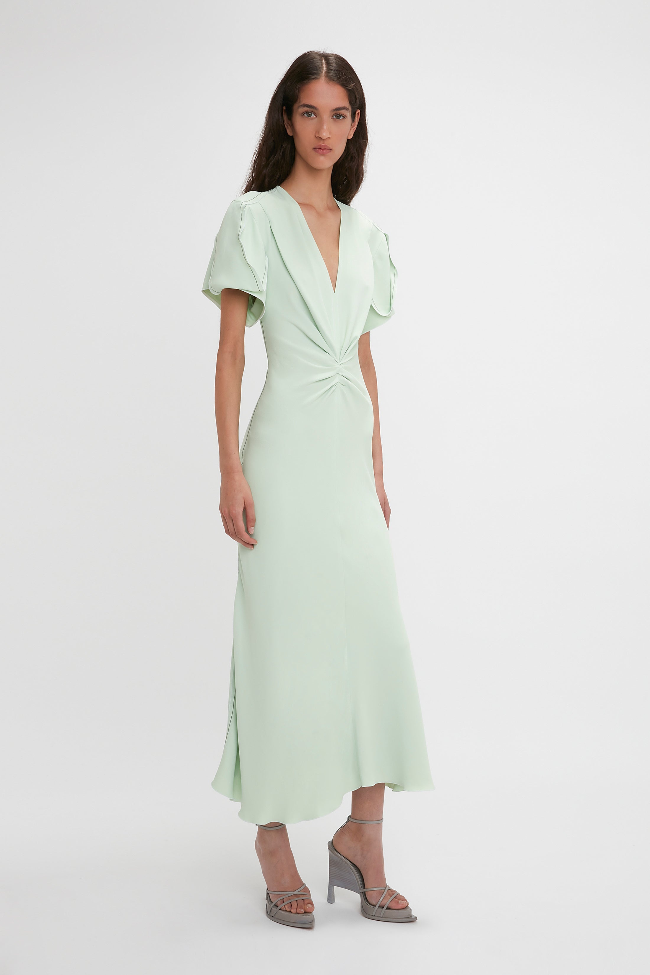 Gathered V-Neck Midi Dress In Jade - 3