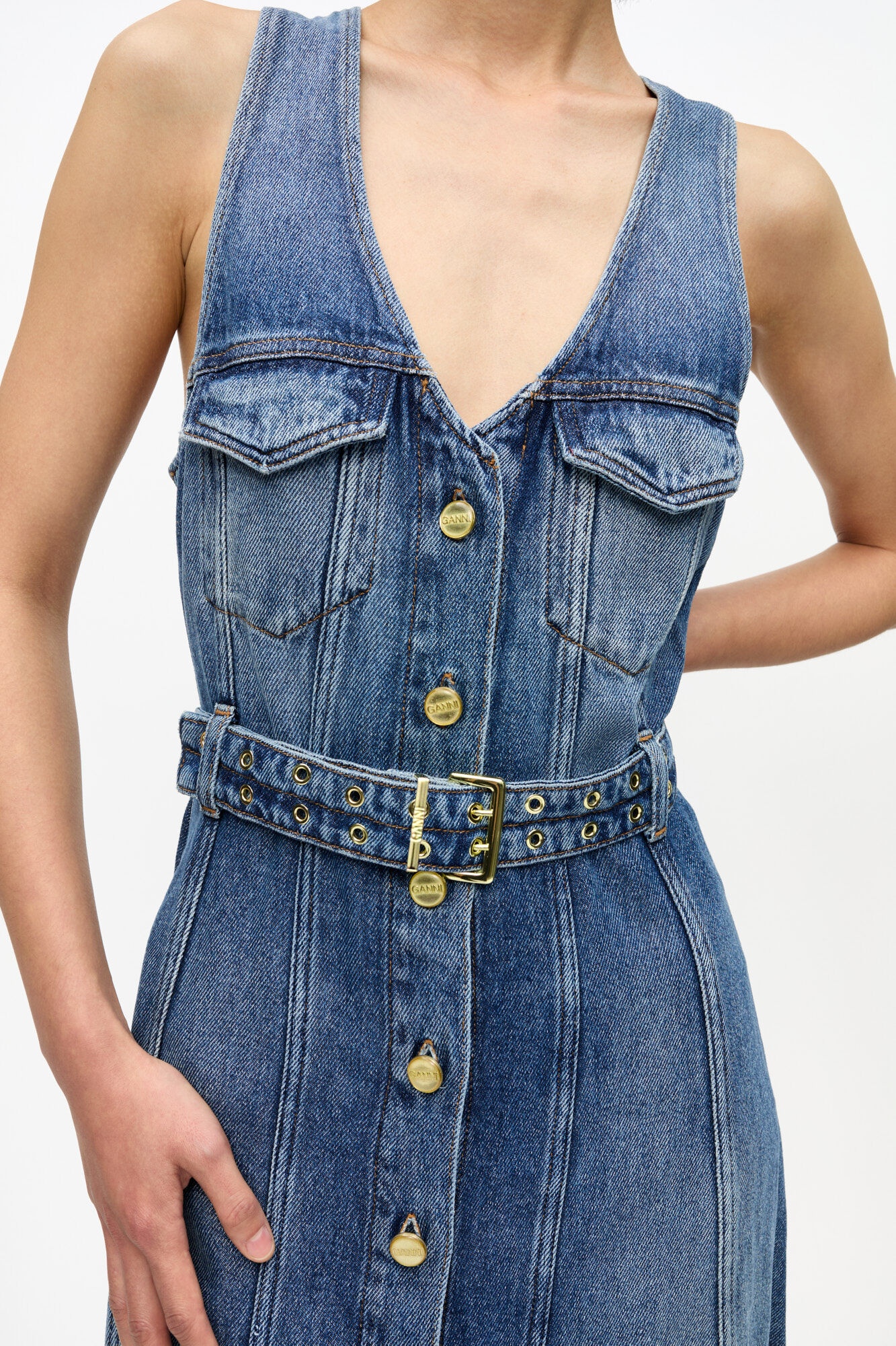 BLUE LIGHT DENIM BELT MIDI DRESS - 4