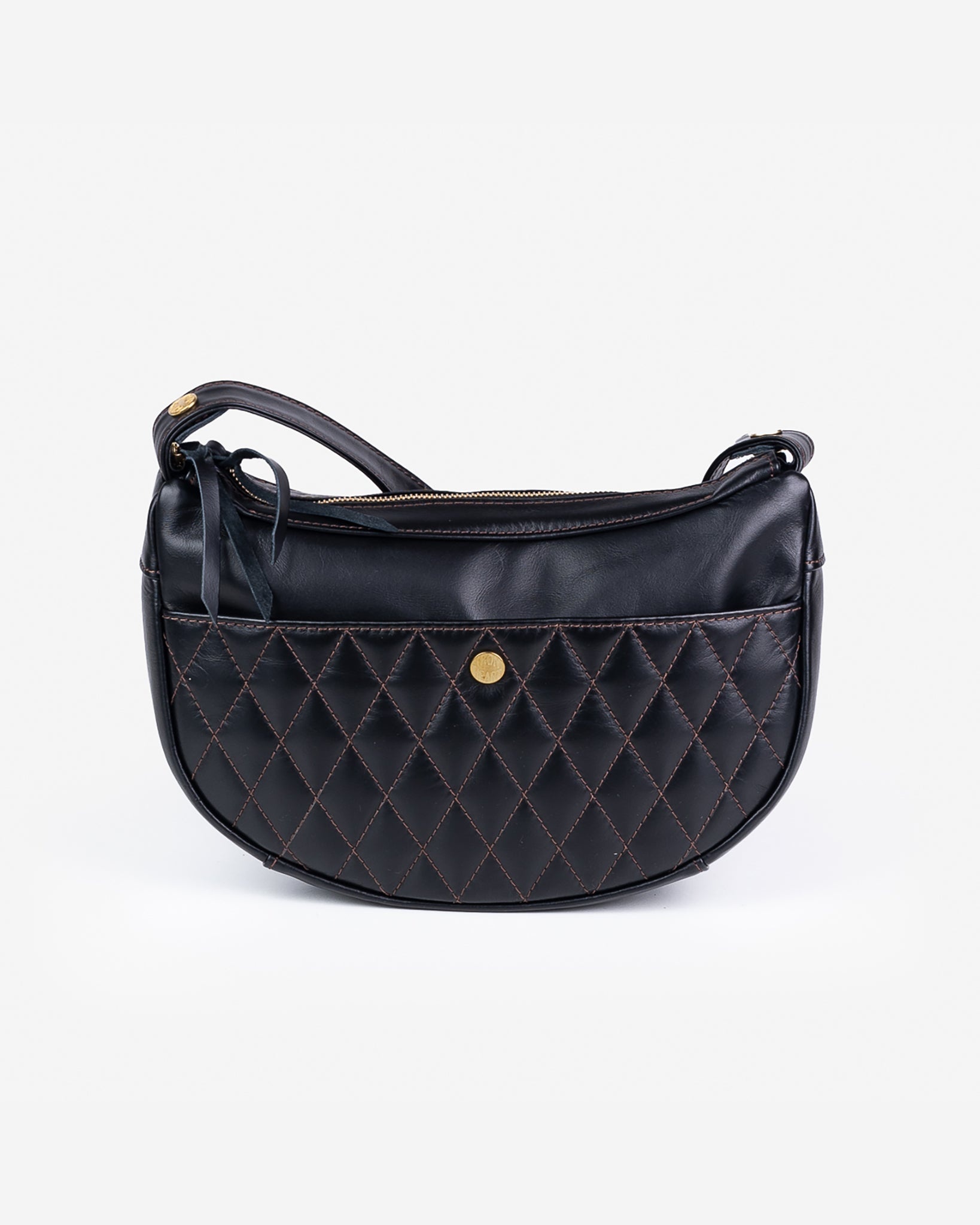 IHE-42 Leather Diamond Stitched Shoulder Bag - Black - 5