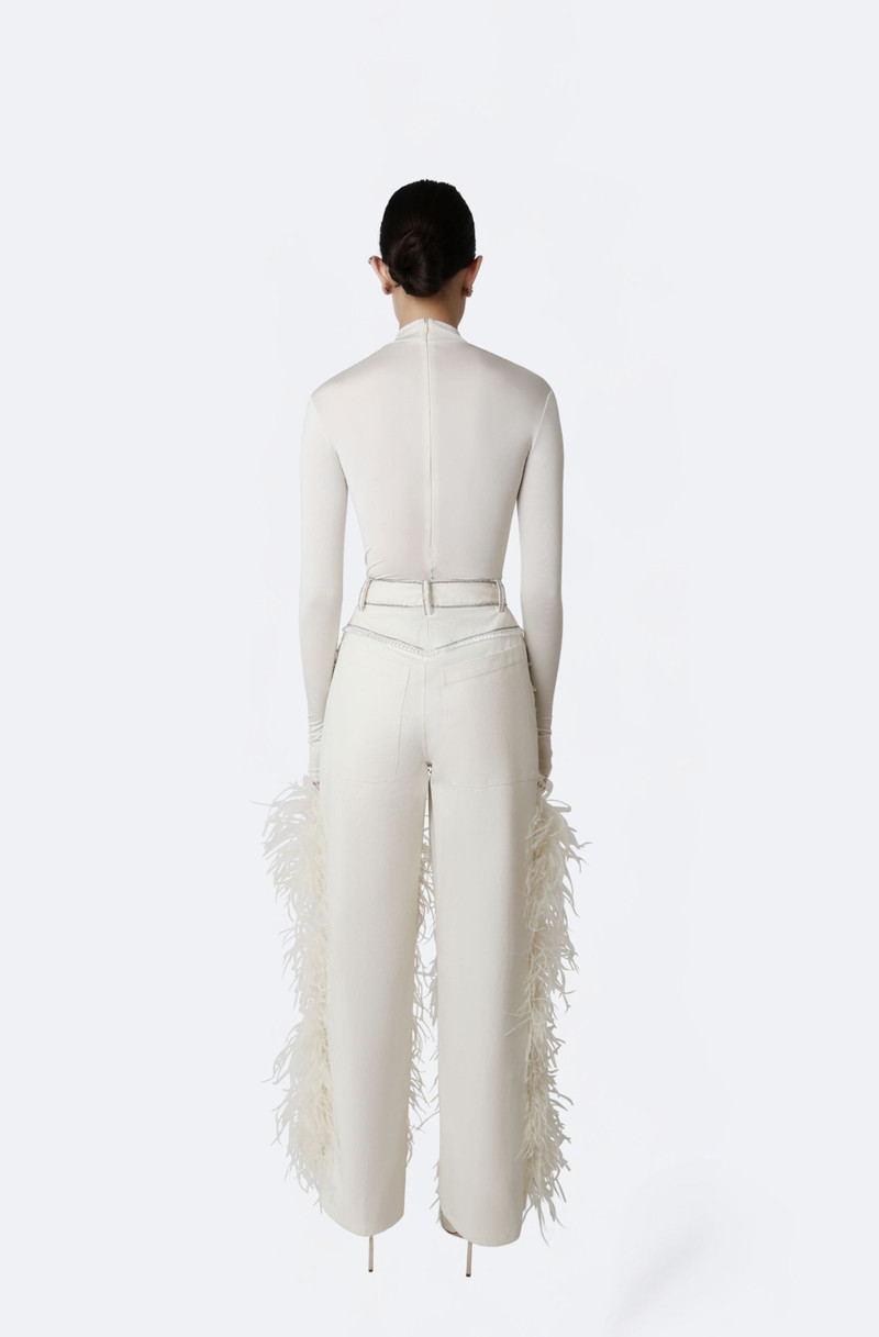 Stretch Cotton Twill Embroidered Pants With Feathers 3