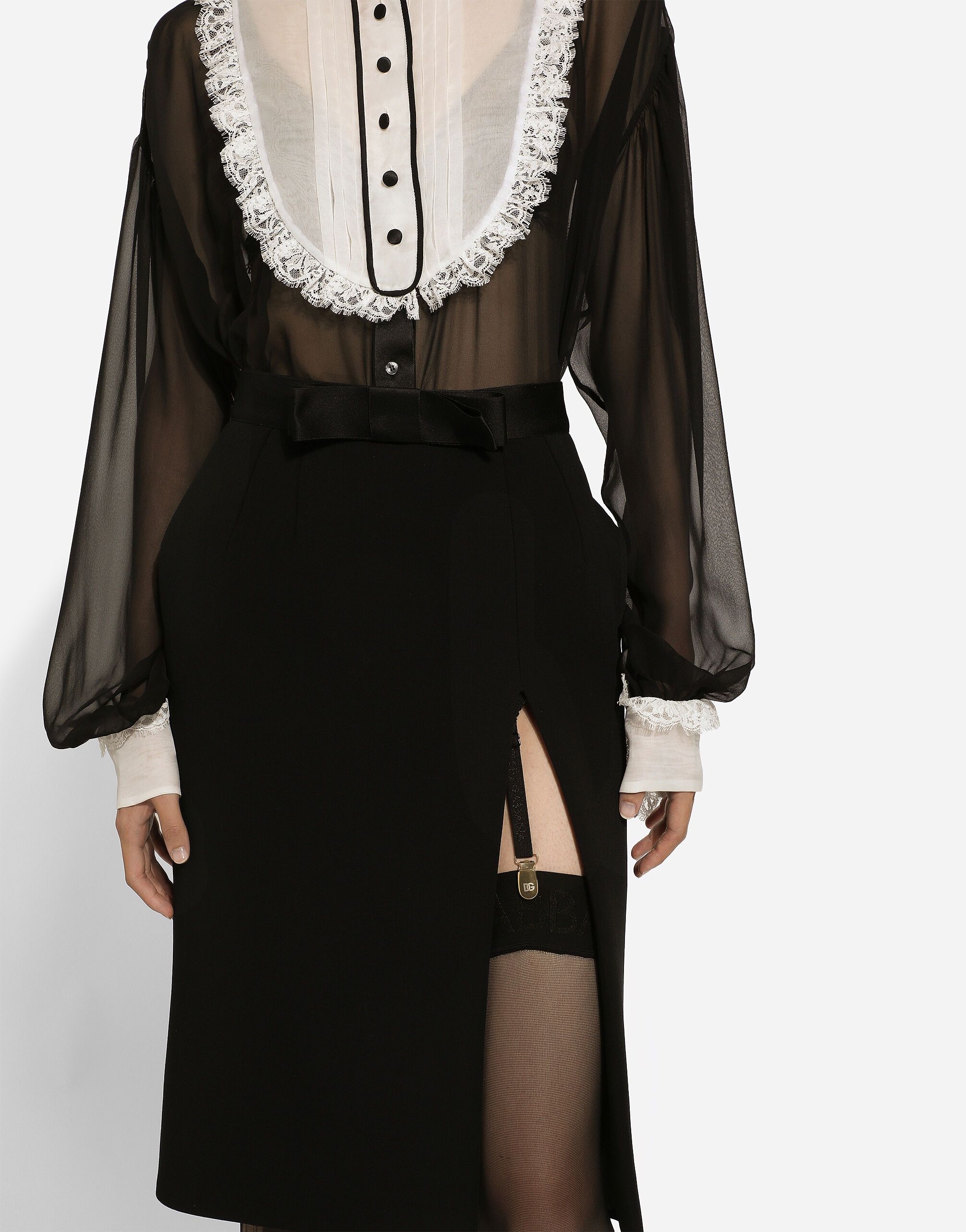 Wool midi pencil skirt with satin waistband - 5