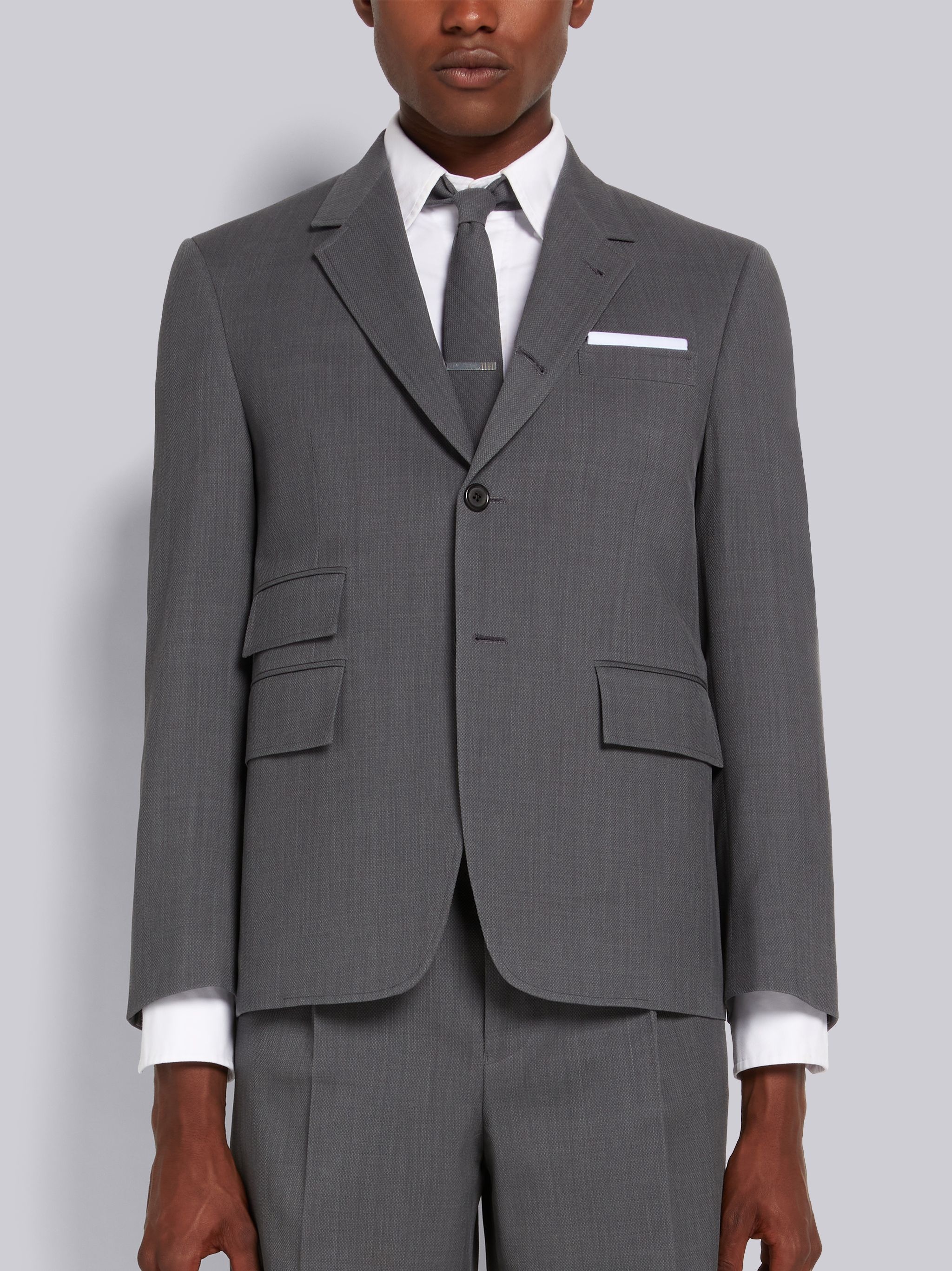 Medium Grey Wool Pique Suiting Single Vent Jacket - 1