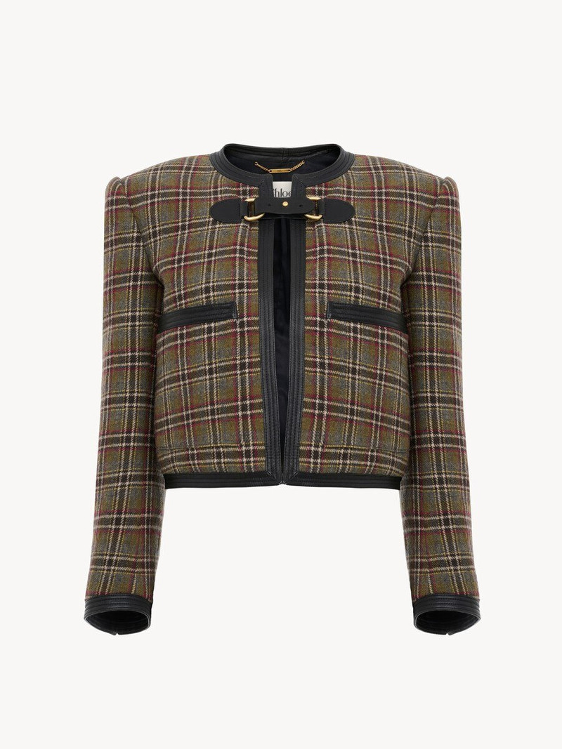 COLLARLESS CROPPED BOXY JACKET IN CHECK WOOL 1