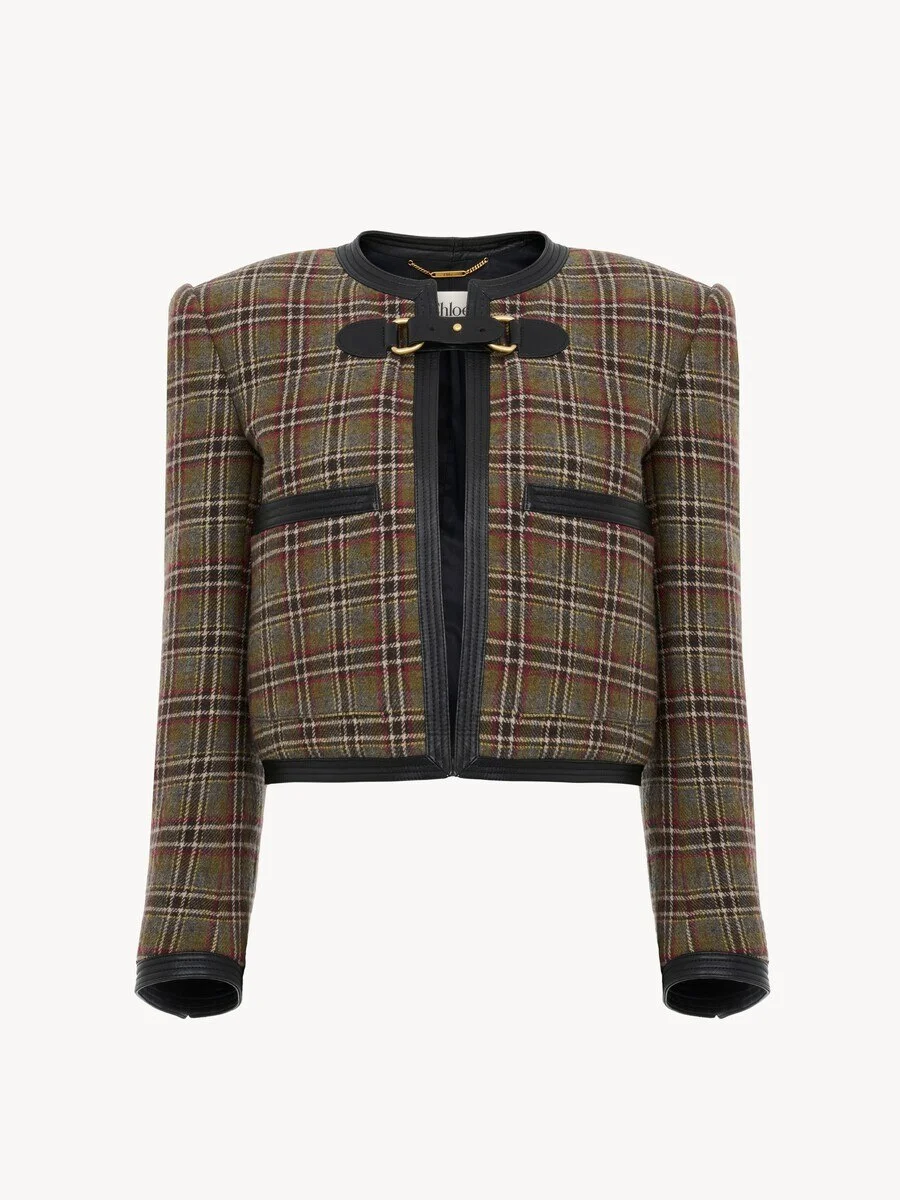 COLLARLESS CROPPED BOXY JACKET IN CHECK WOOL - 1