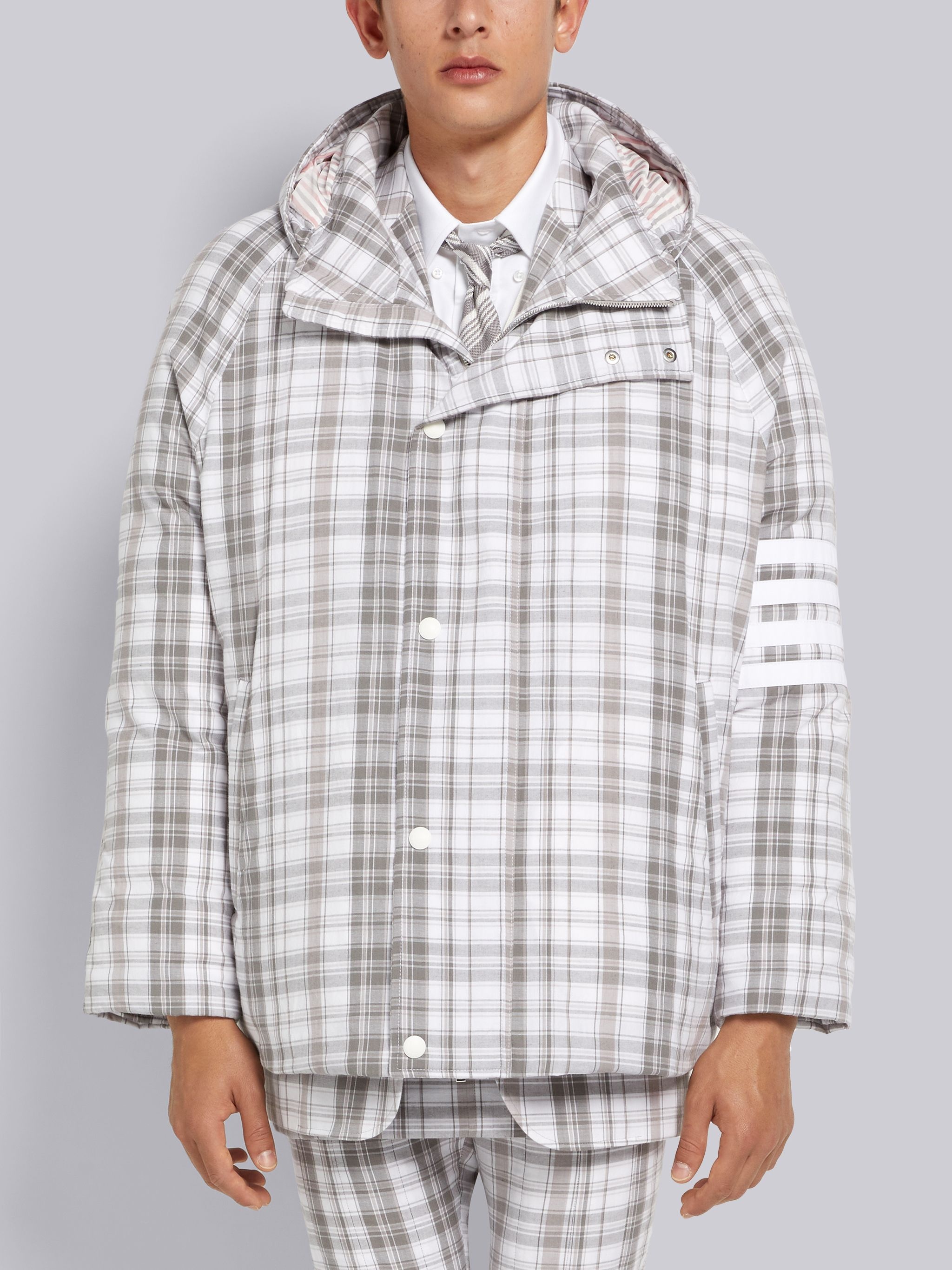 Medium Grey Striped Plaid 4-Bar Cropped Sideline Football Parka - 1