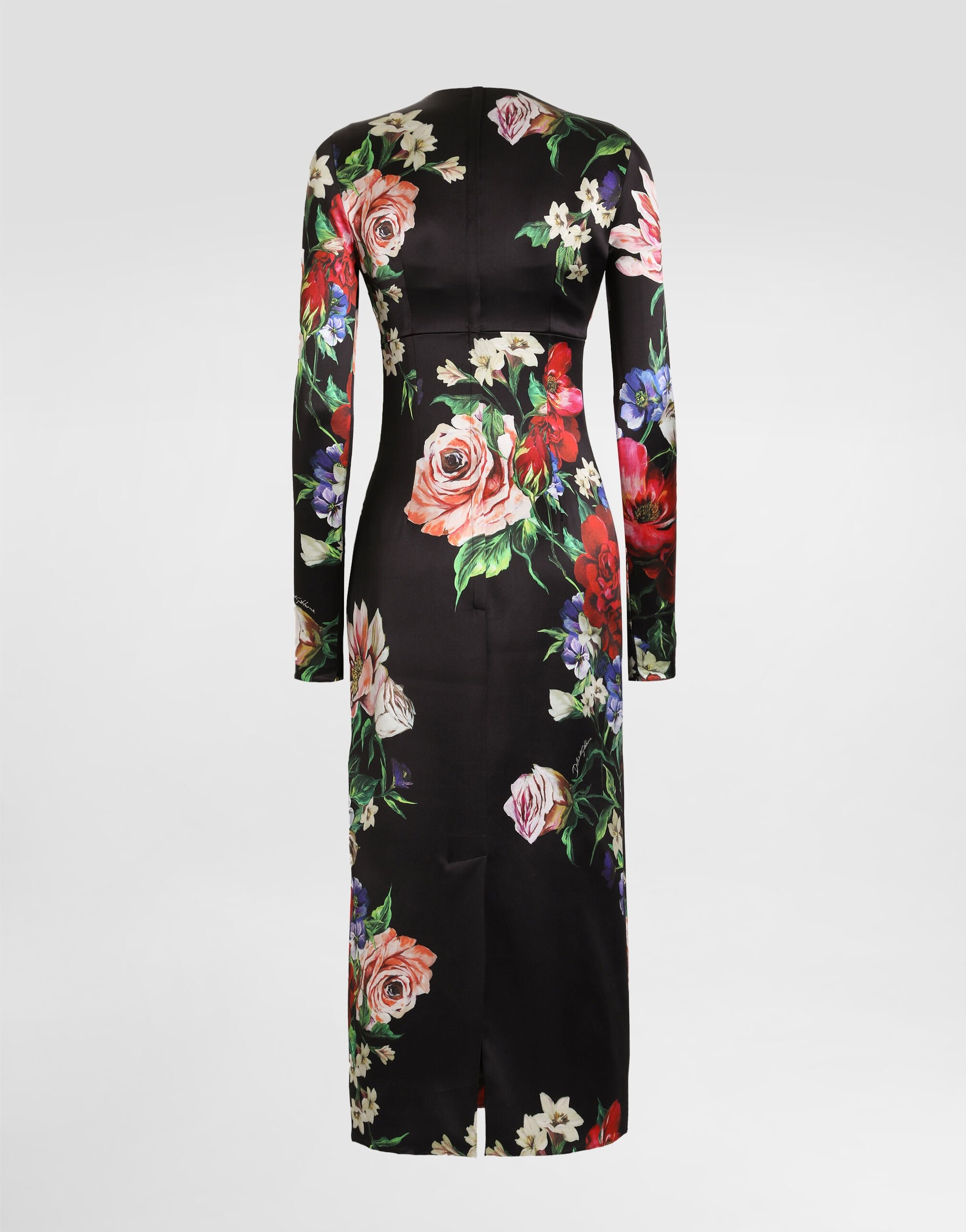 Satin calf-length round-neck dress with floral print - 5
