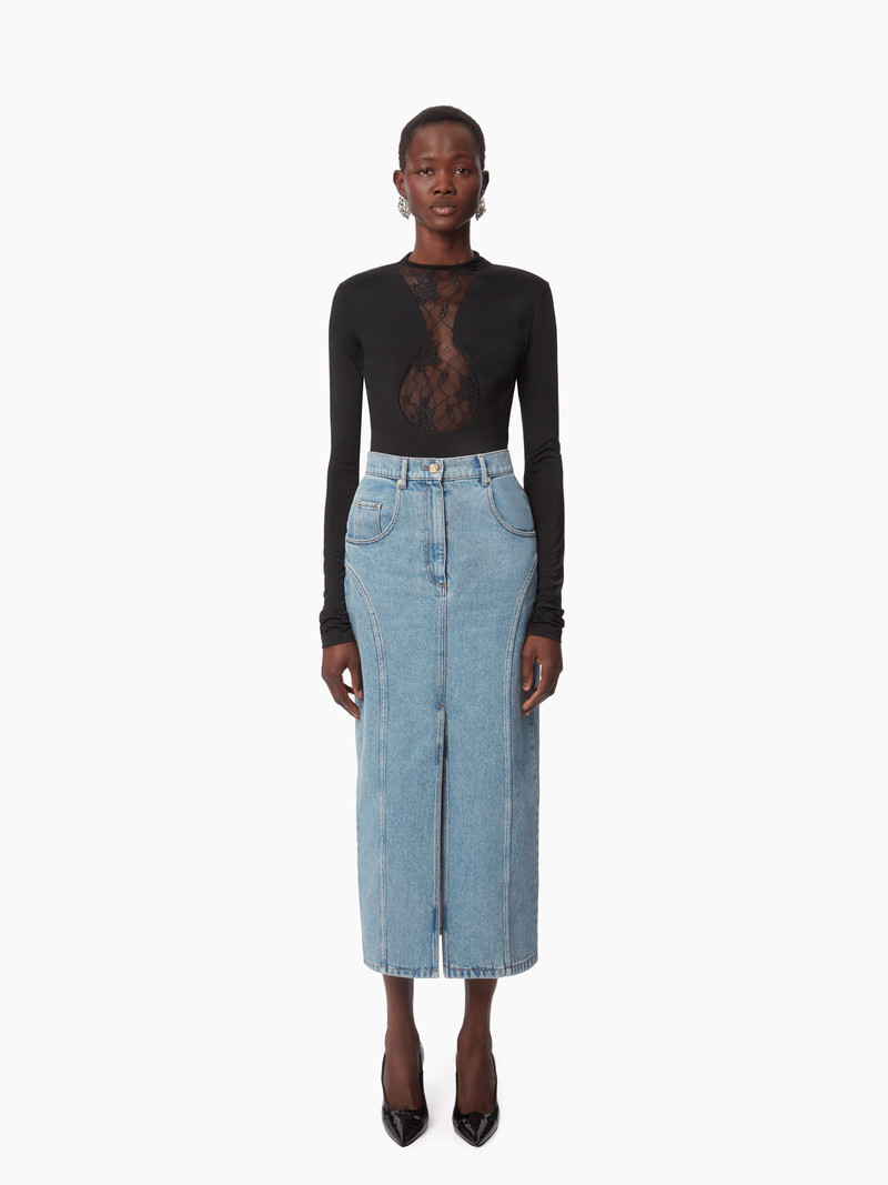 LONG DENIM SKIRT WITH FRONT SLIT - 1