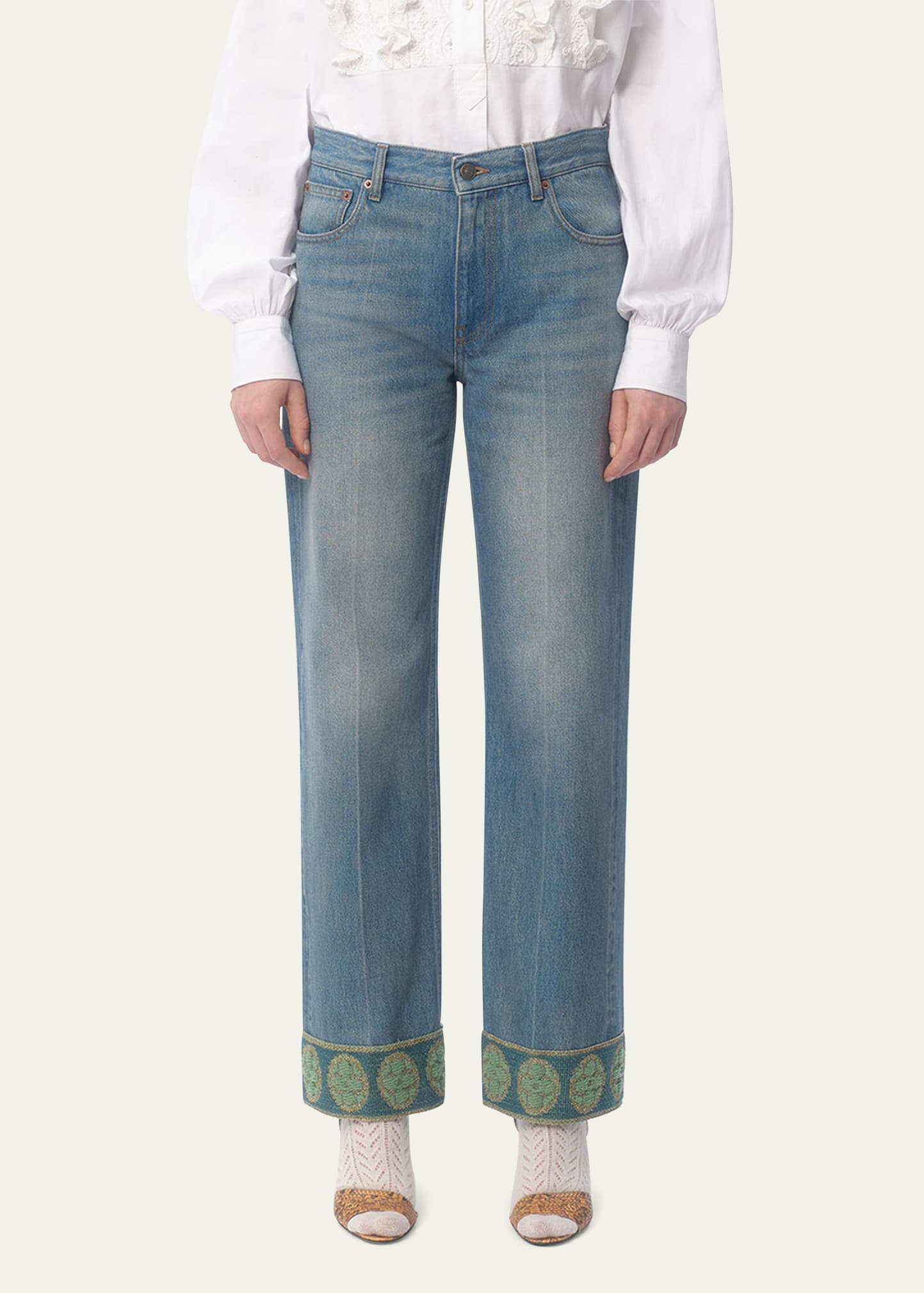Embroidered Cuff Denim Pants - 2