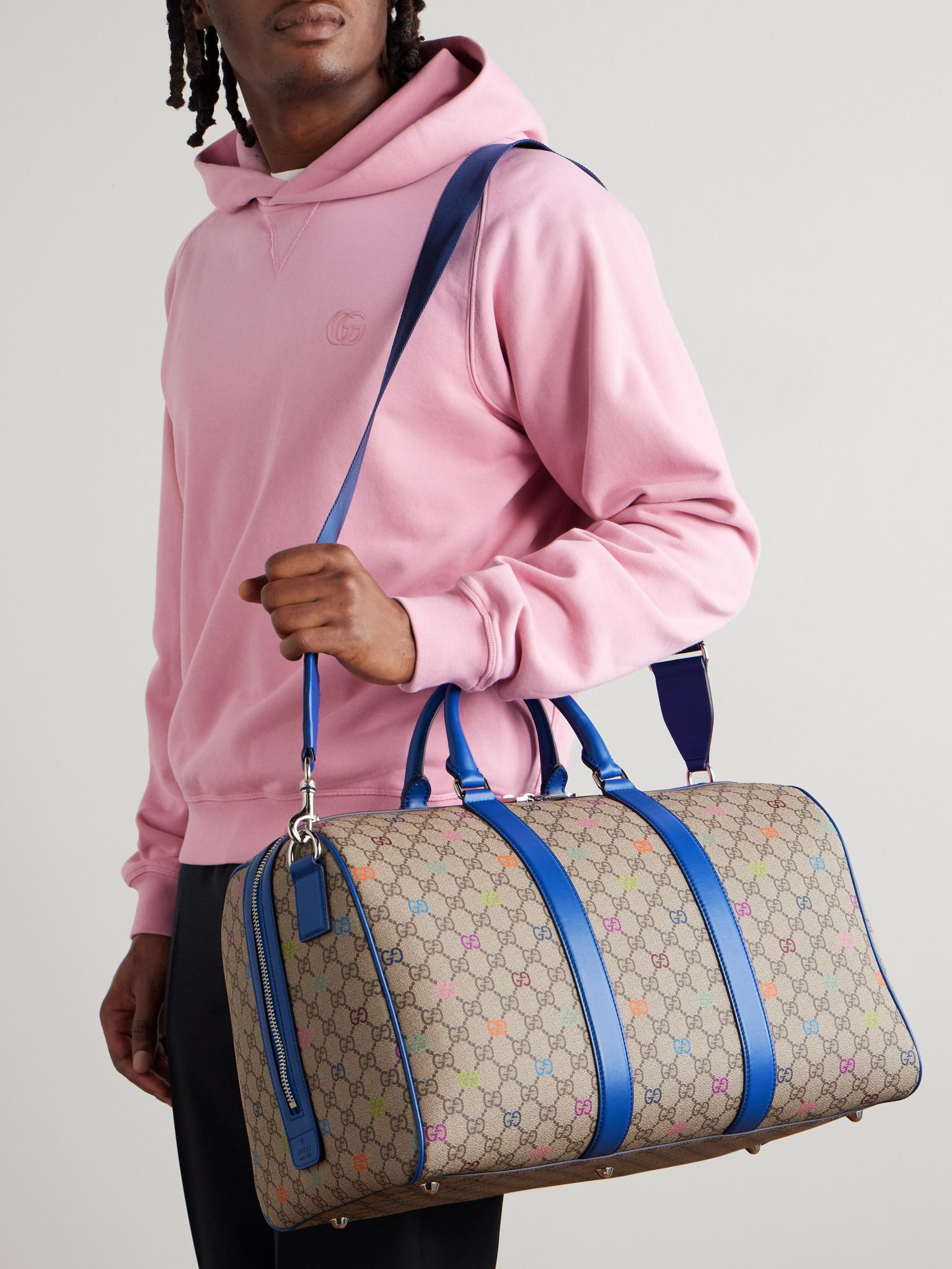 Leather-Trimmed Logo-Printed Coated-Canvas Weekend Bag Blue - 2