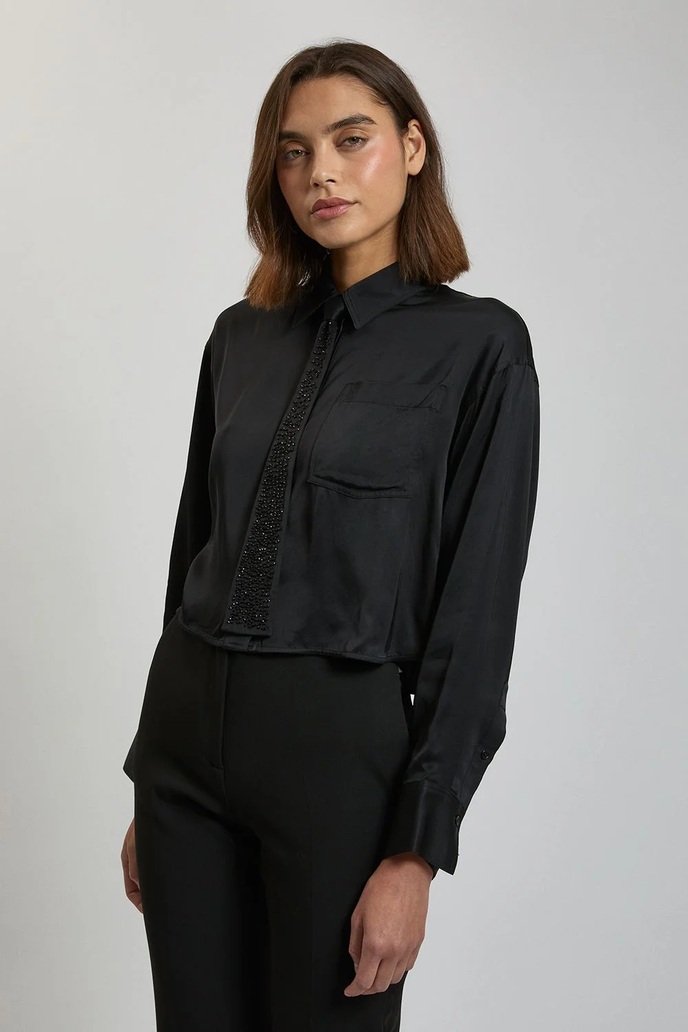 Viscose Satin Beaded Tie Crop Shirt - 1