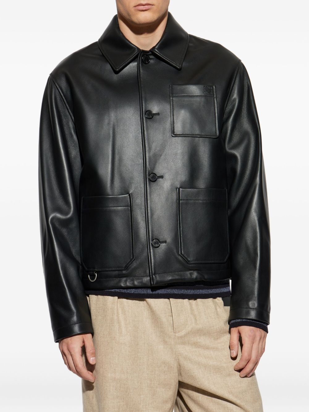 button-fastening pocket leather jacket - 3